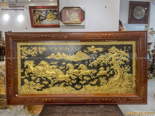 Tranh Mã Đáo Thành Công đồng vàng dát vàng khung gỗ gụ 2m3 x 1m2