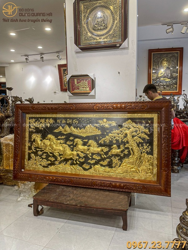 Tranh Mã Đáo Thành Công đồng vàng dát vàng khung gỗ gụ 2m3 x 1m2