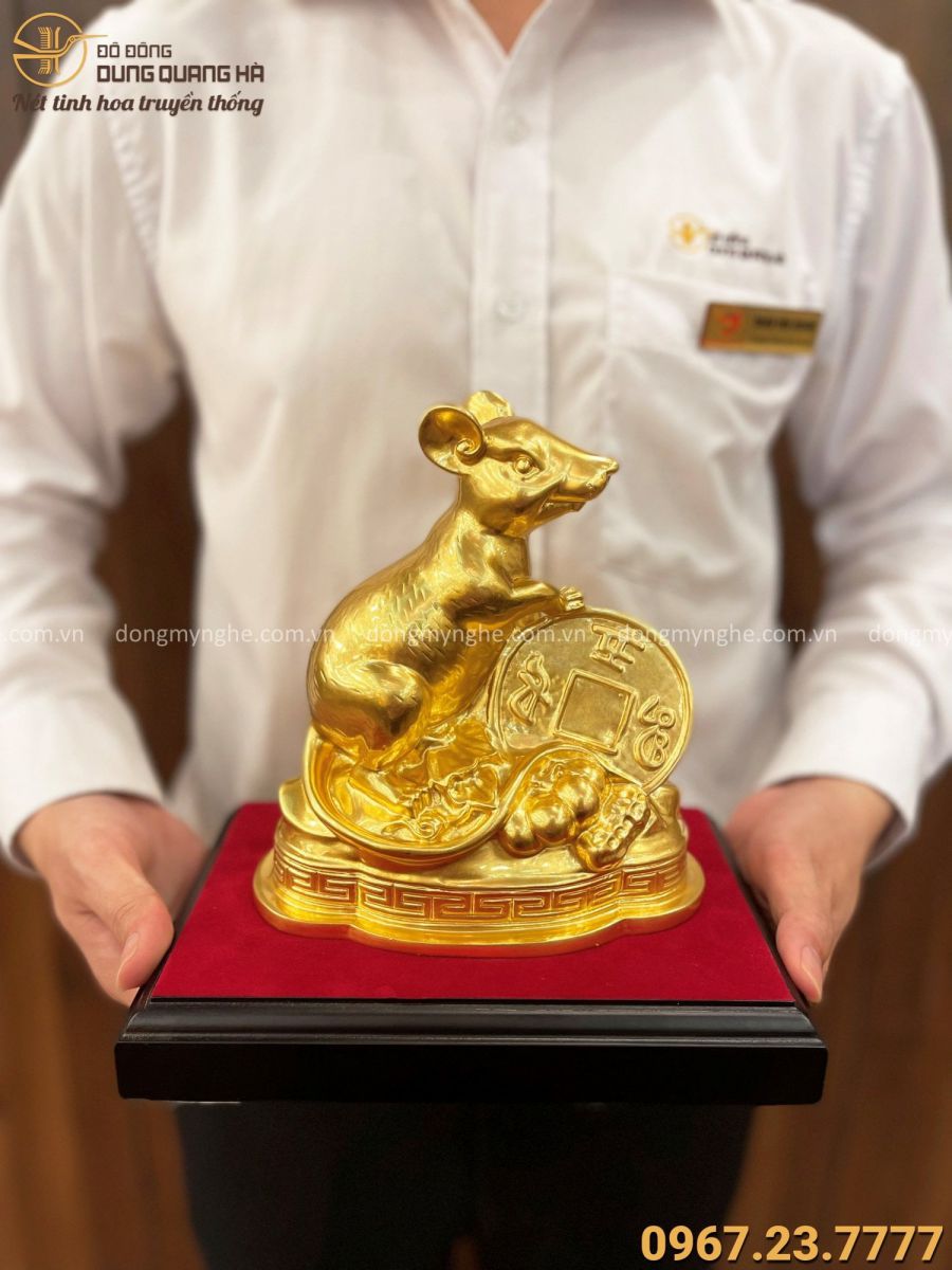 Tượng chuột bằng đồng vàng catut thếp vàng 9999 cao 16cm