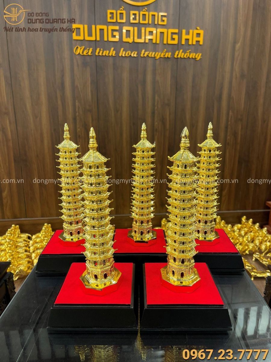 Tháp Văn Xương 9 tầng cao 30cm đồng vàng mạ vàng hộp mika 32x13cm