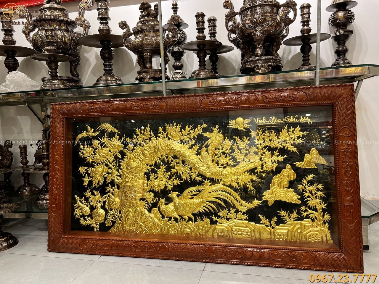 Tranh đồng Vinh Hoa Phú Quý thếp vàng khung gỗ gụ 1m7 x 90cm