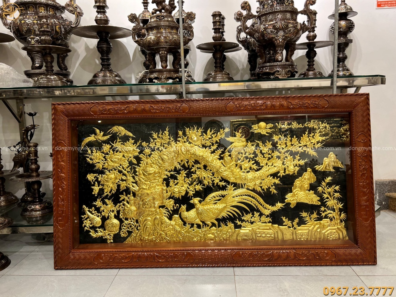 Tranh đồng Vinh Hoa Phú Quý thếp vàng khung gỗ gụ 1m7 x 90cm