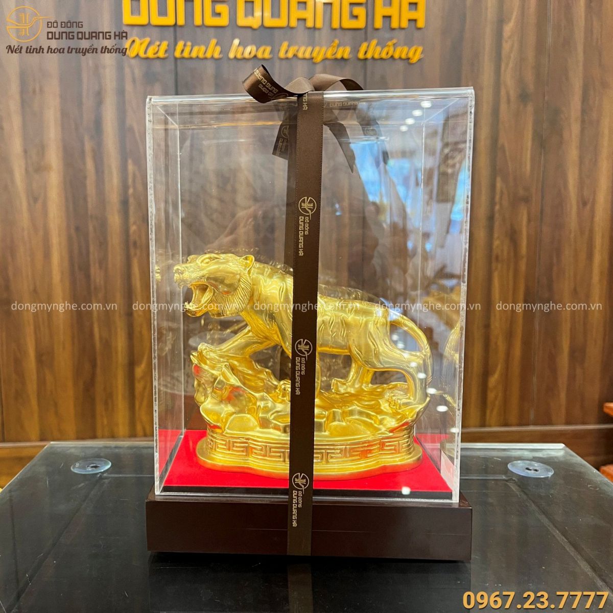Tượng Hổ phong thủy để bàn bằng đồng catut thếp vàng cao 16cm