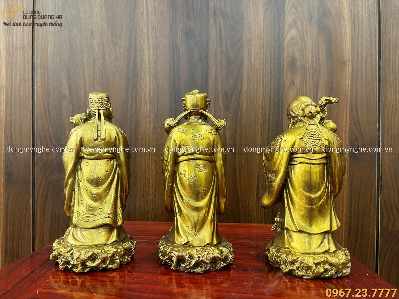 Bộ tượng Tam Đa Phúc Lộc Thọ đồng vàng kích thước 19x9x9cm 1kg