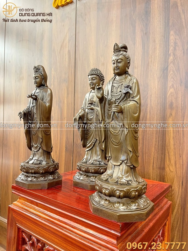 Bộ tượng đồng Tam Thánh Phật dáng đứng hun giả cổ cao 40cm