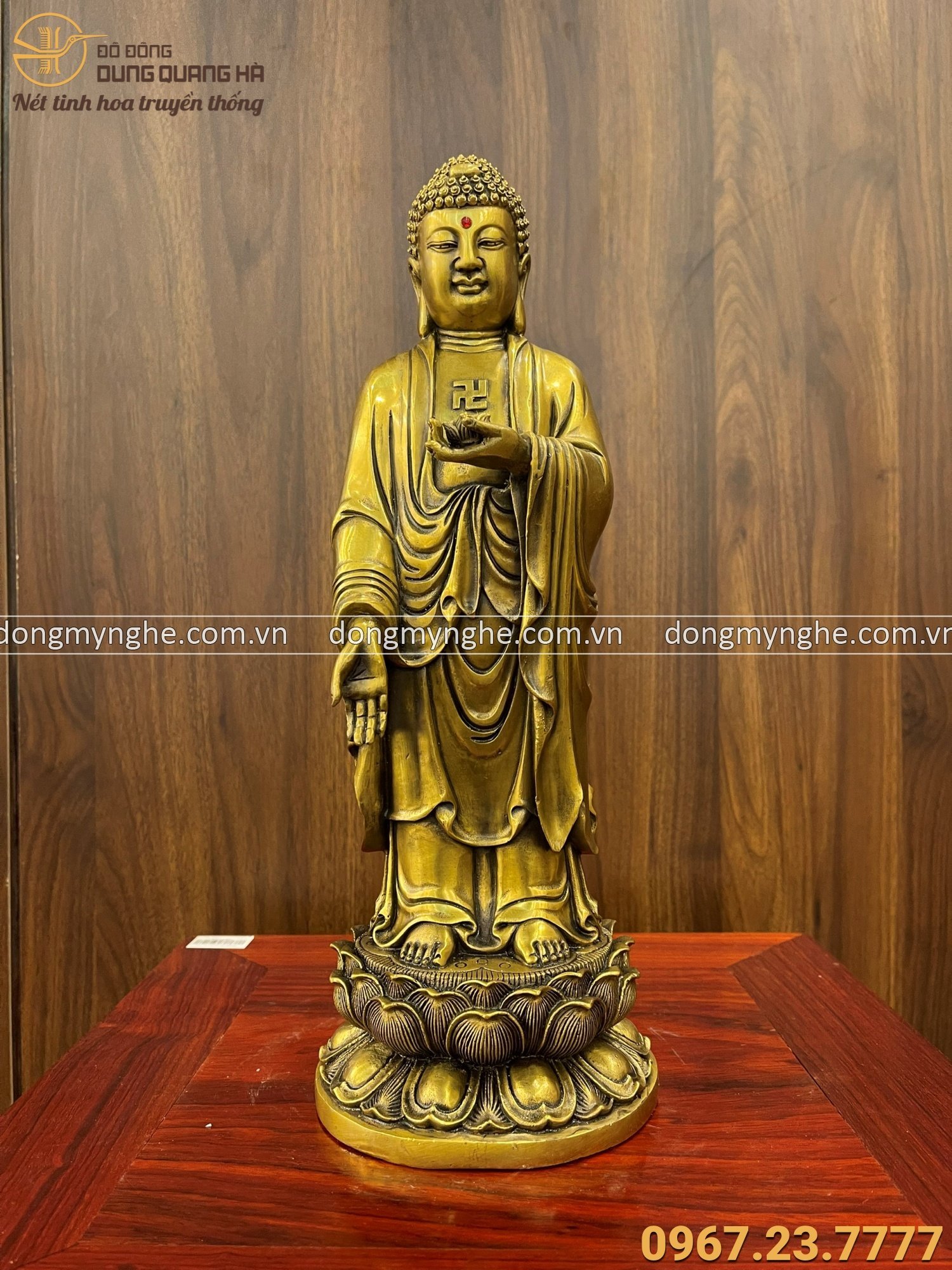 Tượng Phật Di Đà tiếp dẫn bằng đồng vàng 36 x 13 x 13 cm nặng 2,5kg