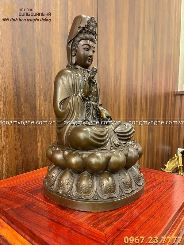 Tượng Phật Quan Âm bằng đồng vàng hun giả cổ 40 x 21 x 21 cm nặng 5kg