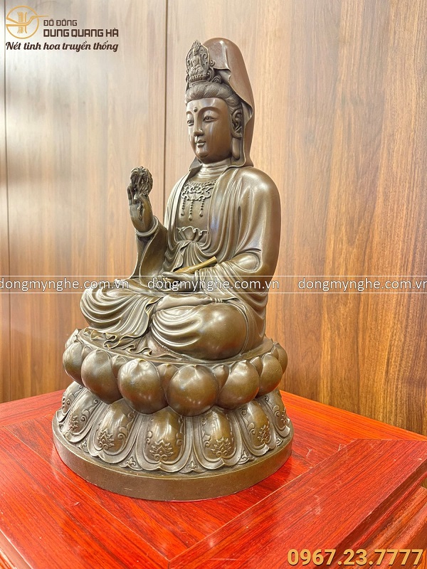 Tượng Phật Quan Âm bằng đồng vàng hun giả cổ 40 x 21 x 21 cm nặng 5kg