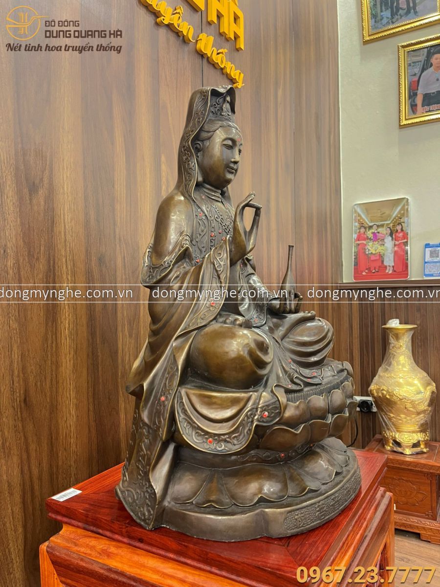 Tượng Phật Quan Âm đẹp đồng vàng giả cổ 60x37x32cm nặng 15,5kg