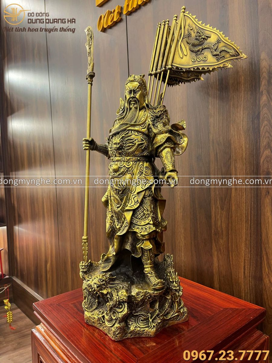 Tượng Quan Công đồng vàng đứng bệ rồng ngũ kỳ lệnh 50x24x20cm nặng 10,5kg