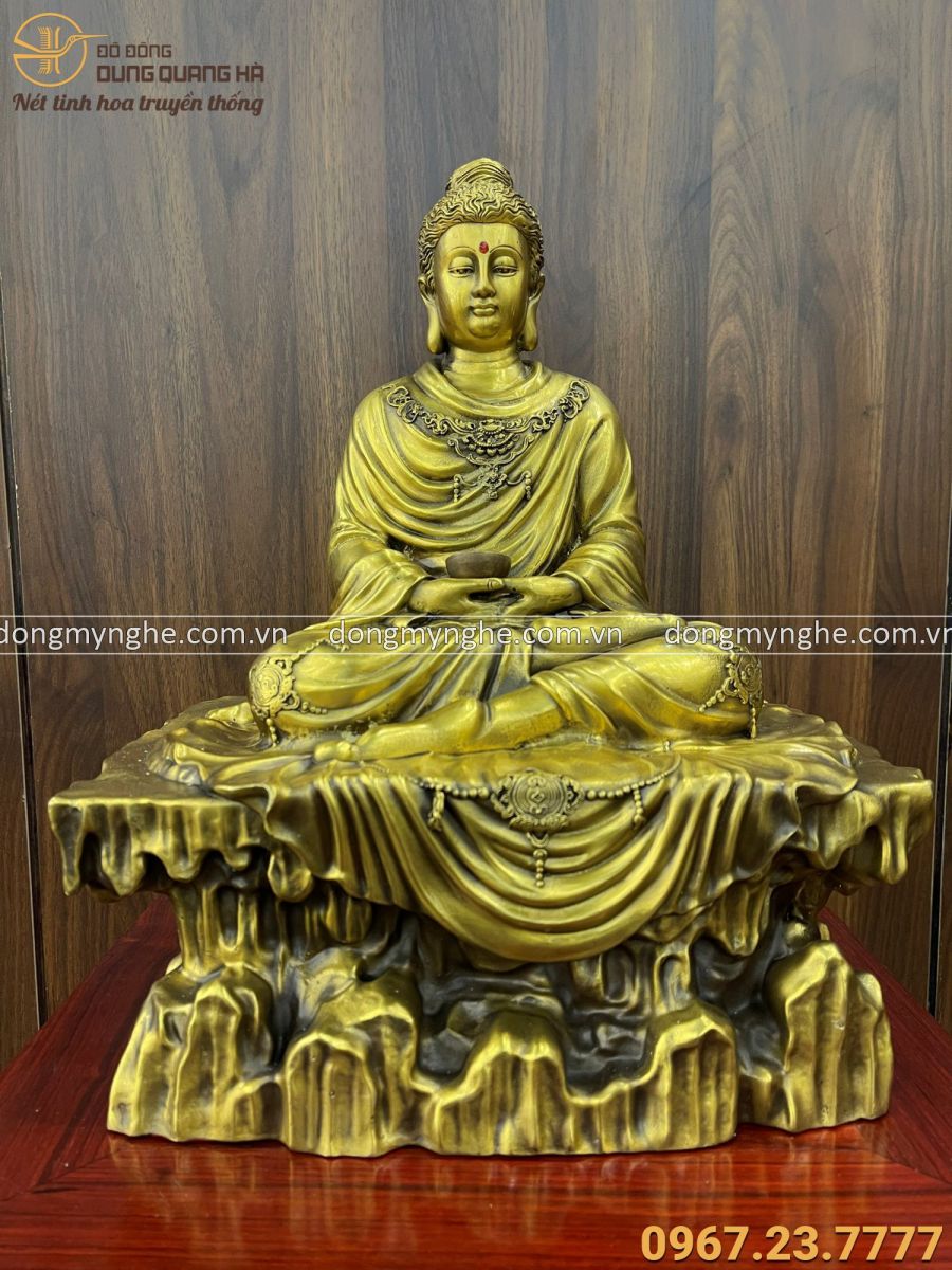Tượng Đức Phật Thích Ca Mâu Ni bằng đồng ngồi bệ đá 20x17x12 cm