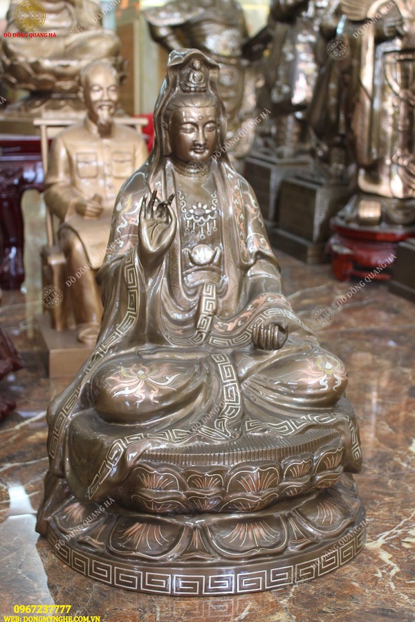 Tượng Phật Quan Âm Bồ Tát Bằng Đồng Đỏ Khảm Tam Khí