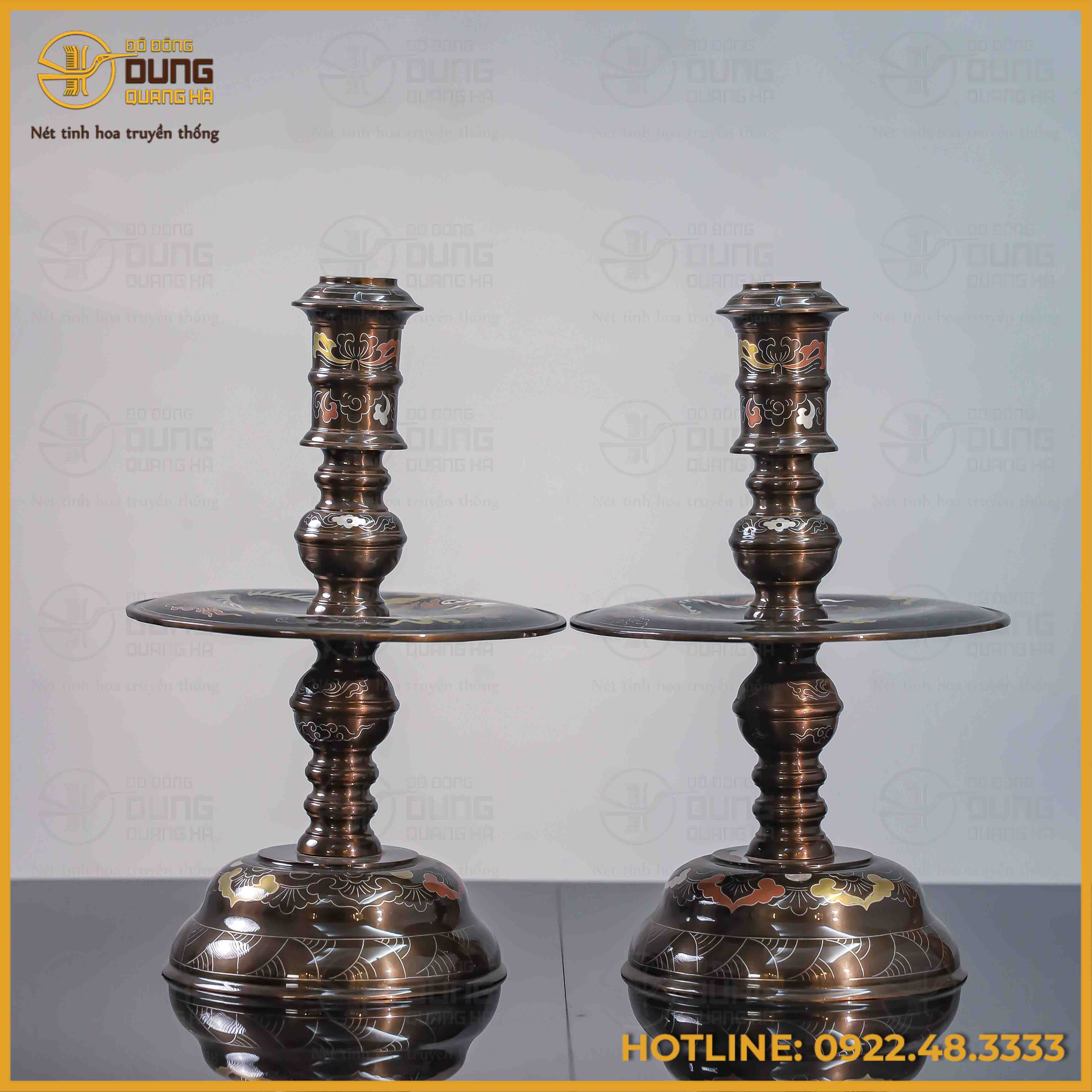 Đôi nến rồng phương đồng đỏ khảm ngũ sắc cao 45cm