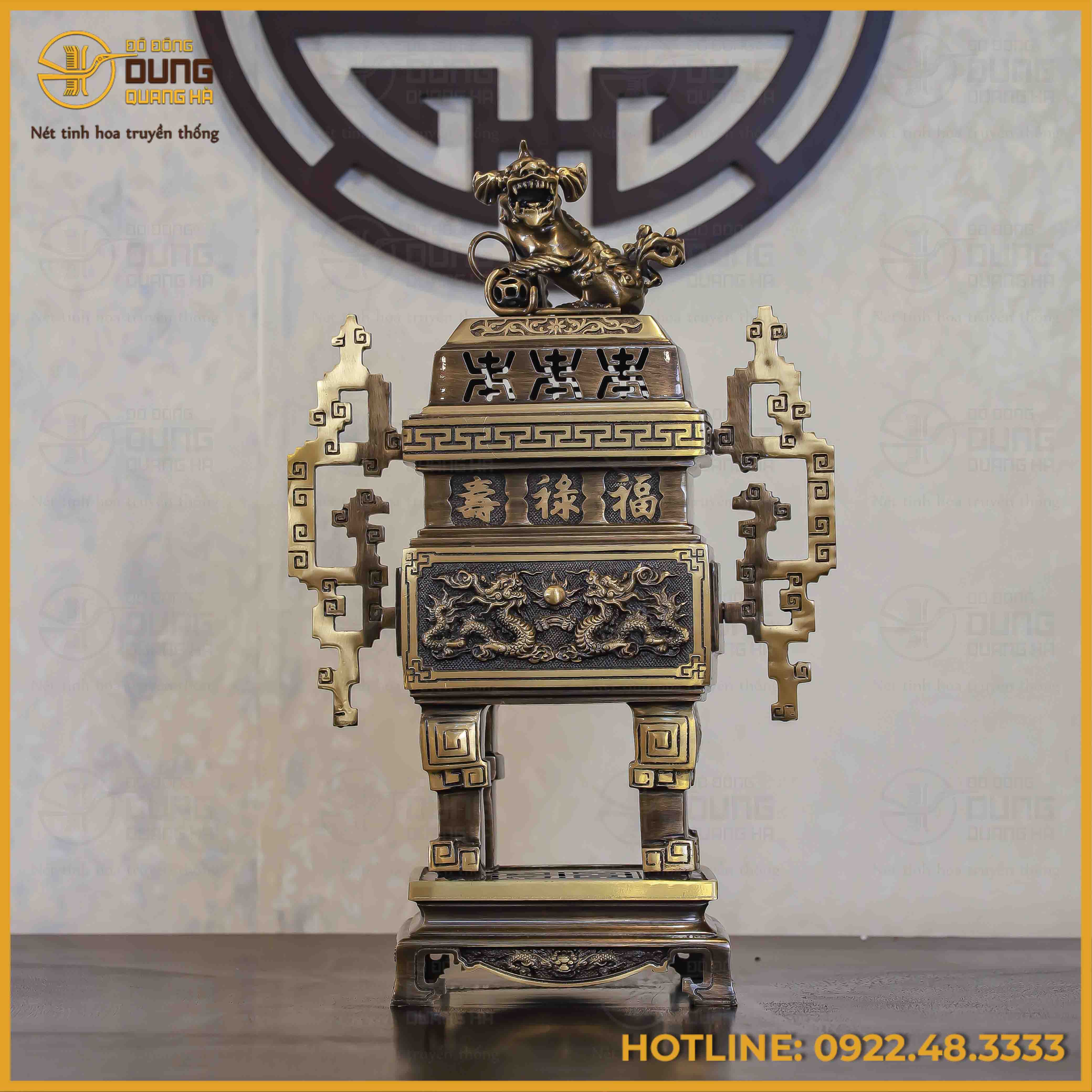 Đỉnh vuông song long chầu nguyệt đồng vàng hai công nghệ cao 65cm