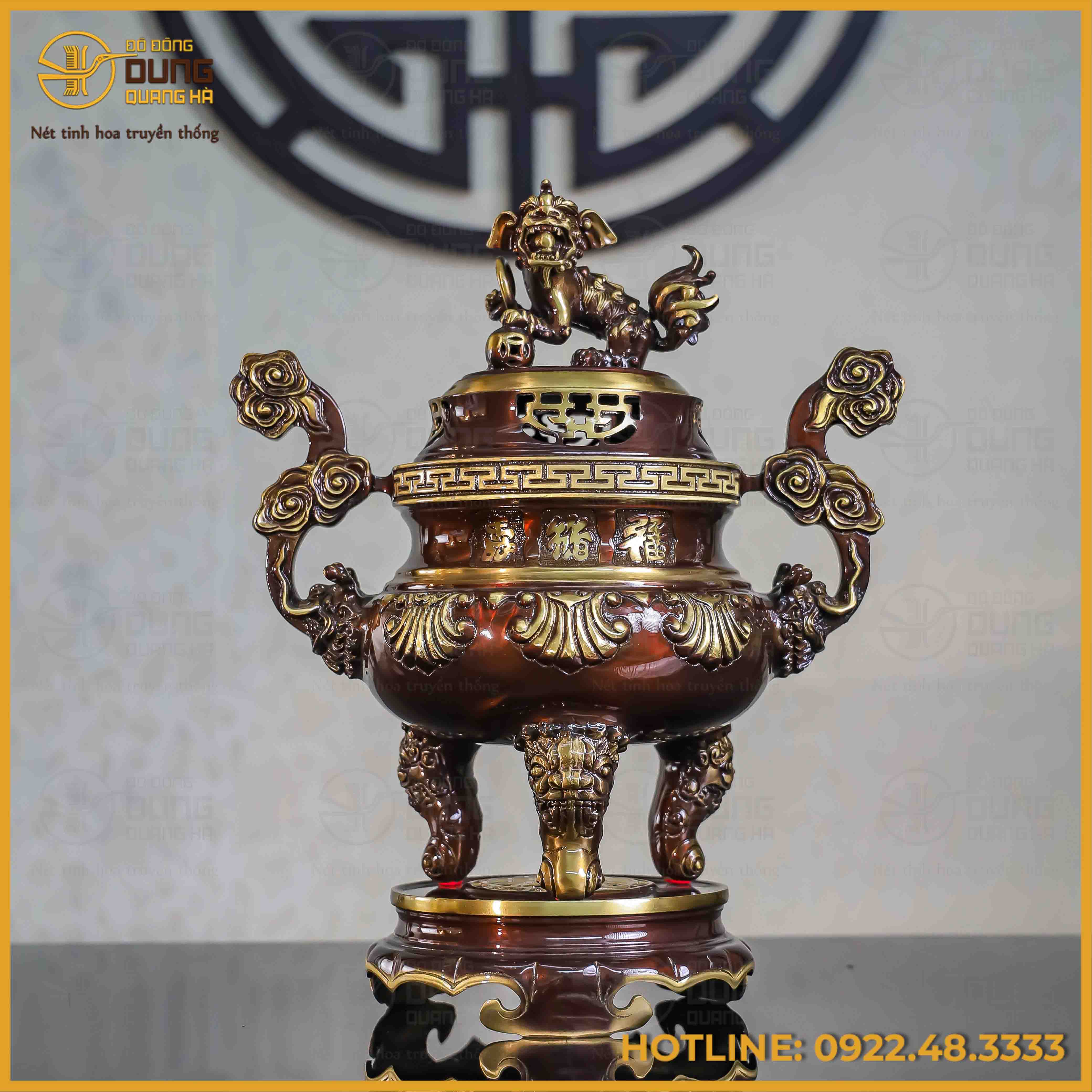 Đỉnh chạm sòi đồng vàng hai lai cao 45cm