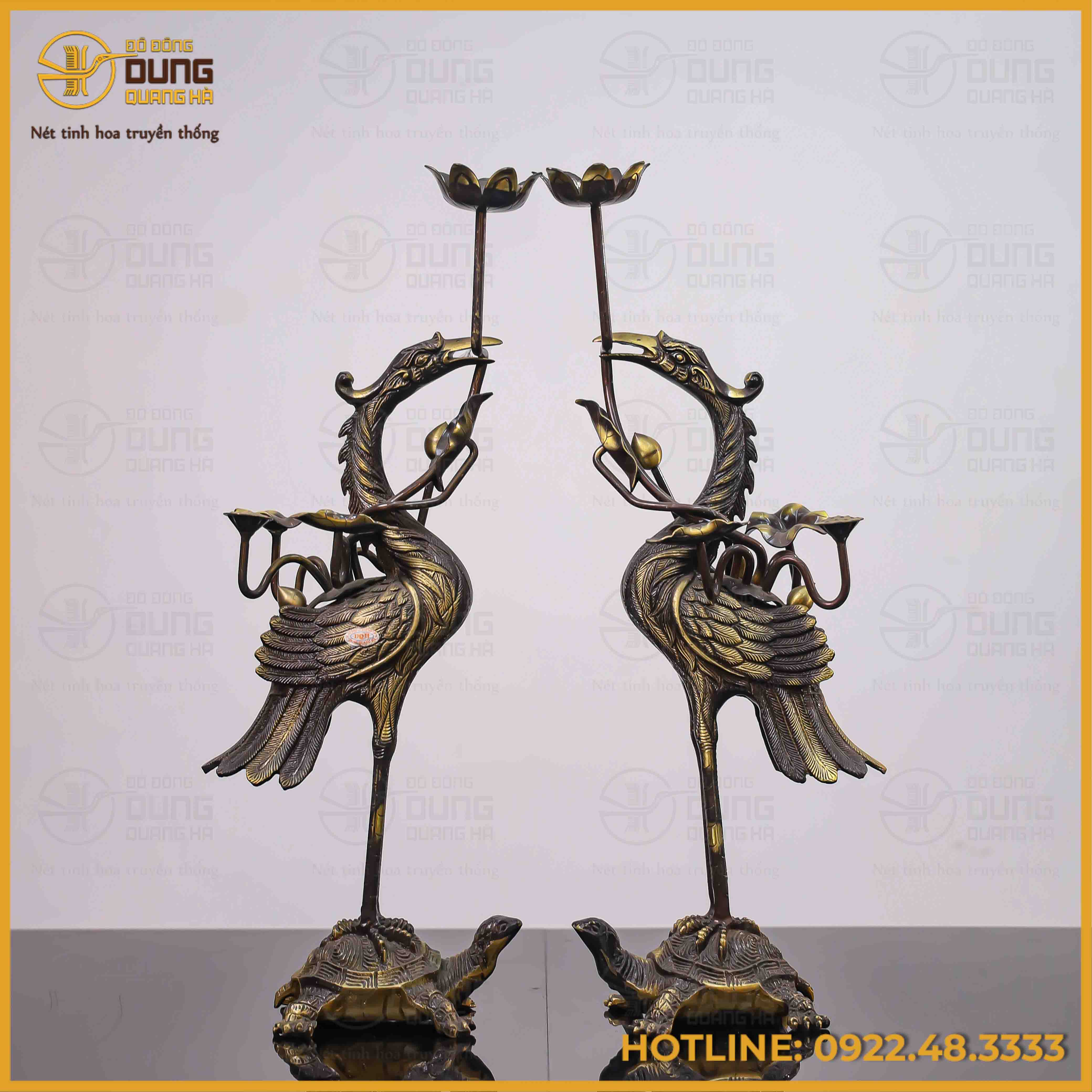 Đôi hạc thờ đồng vàng hai lai cao 45cm