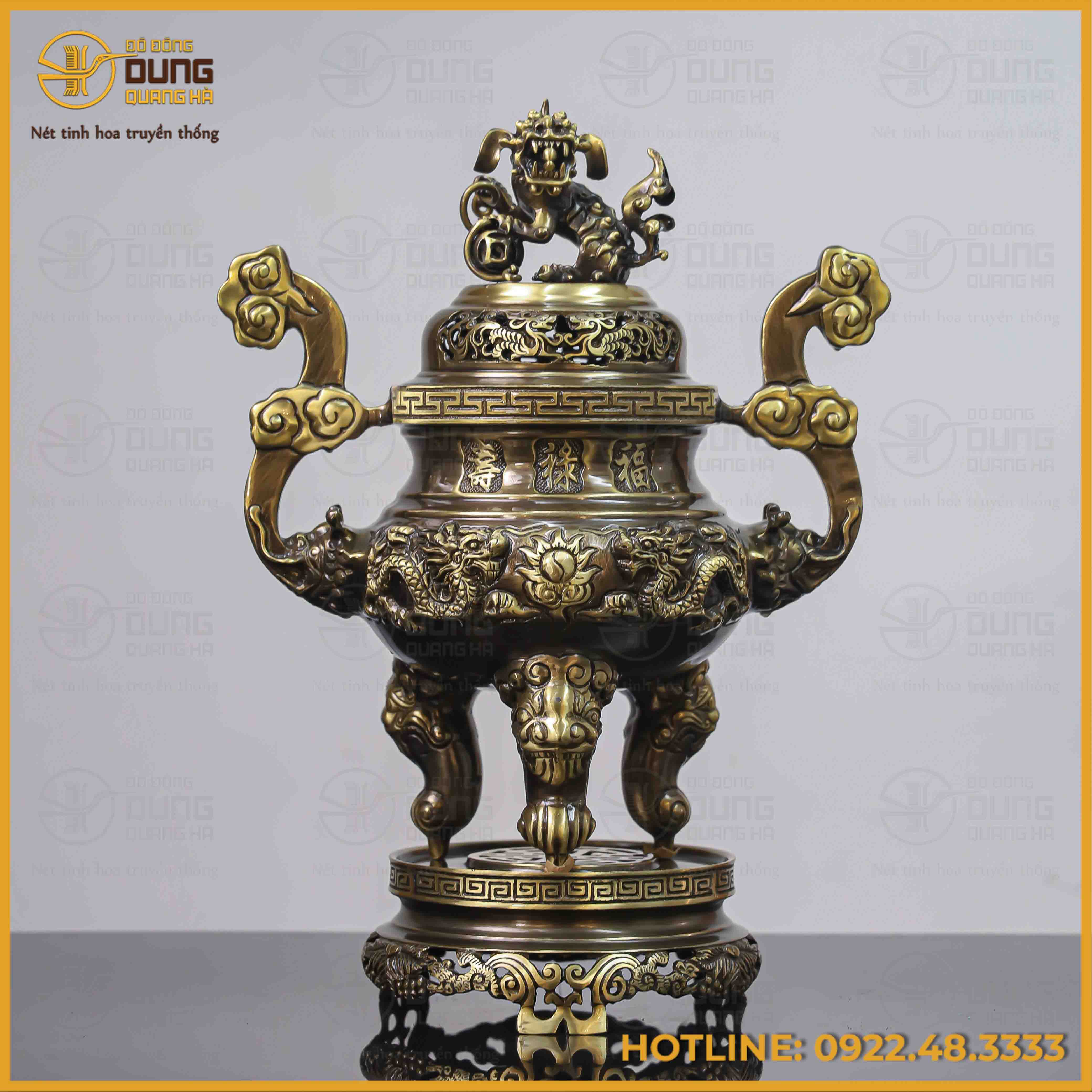 Đỉnh song long chầu nguyệt đồng vàng hai công nghệ cao 45cm