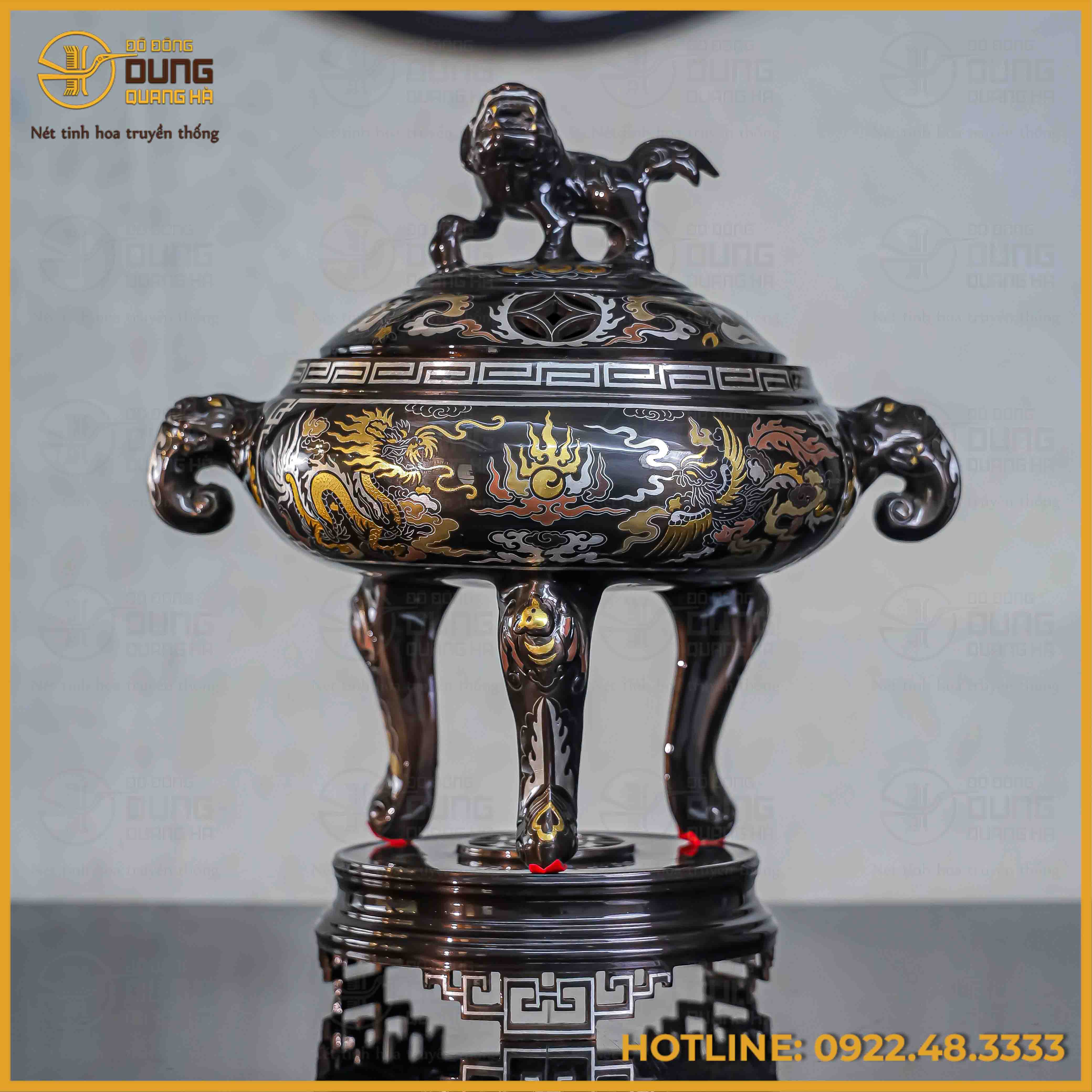 Lư đỉnh đốt trầm đồng đỏ khảm ngũ sắc cao 35cm