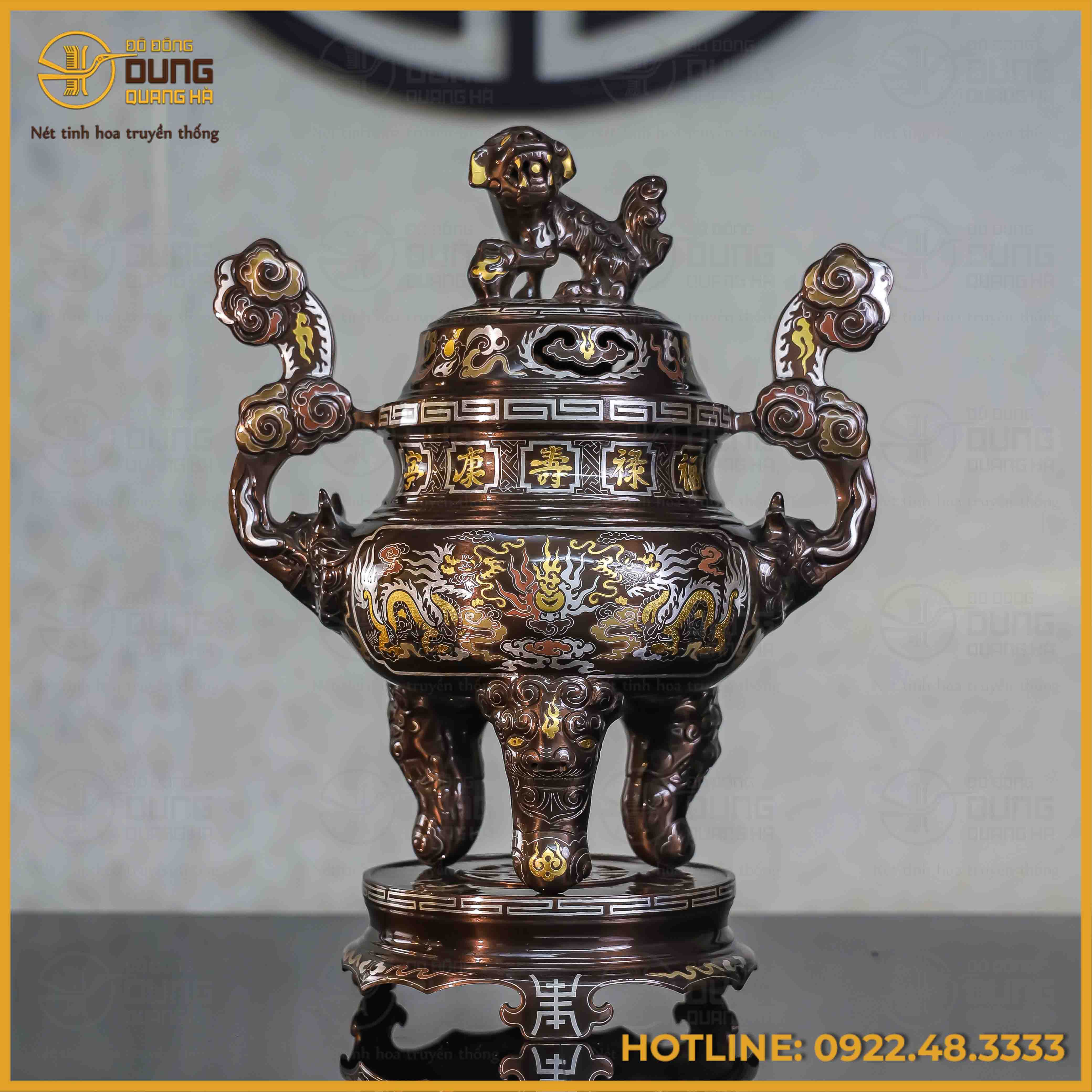 Đỉnh song long chầu nguyệt đồng đỏ khảm ngũ sắc cao 40cm