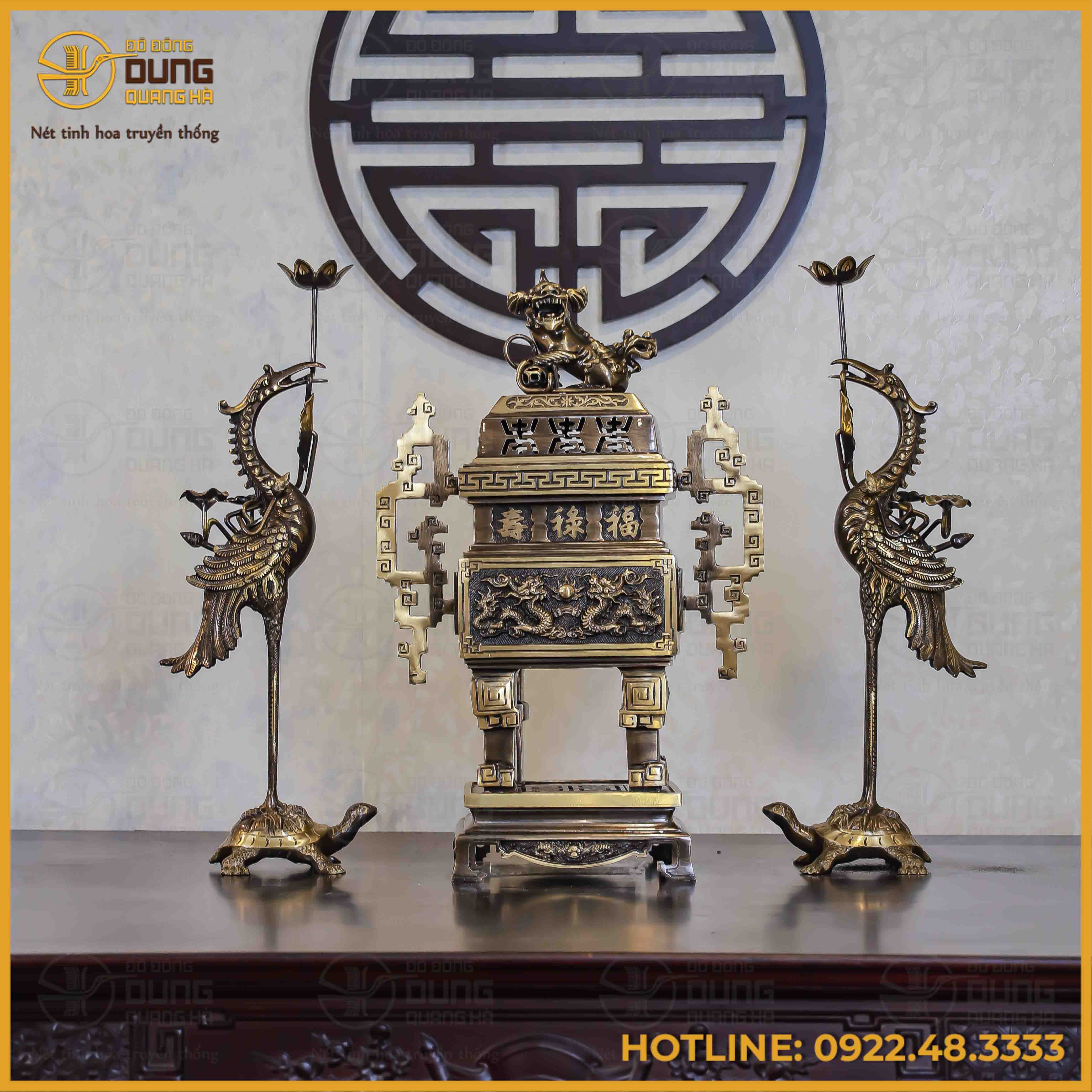 Bộ tam sự hạc đỉnh vuông song long chầu nguyệt đồng vàng hai công nghệ cao 65cm