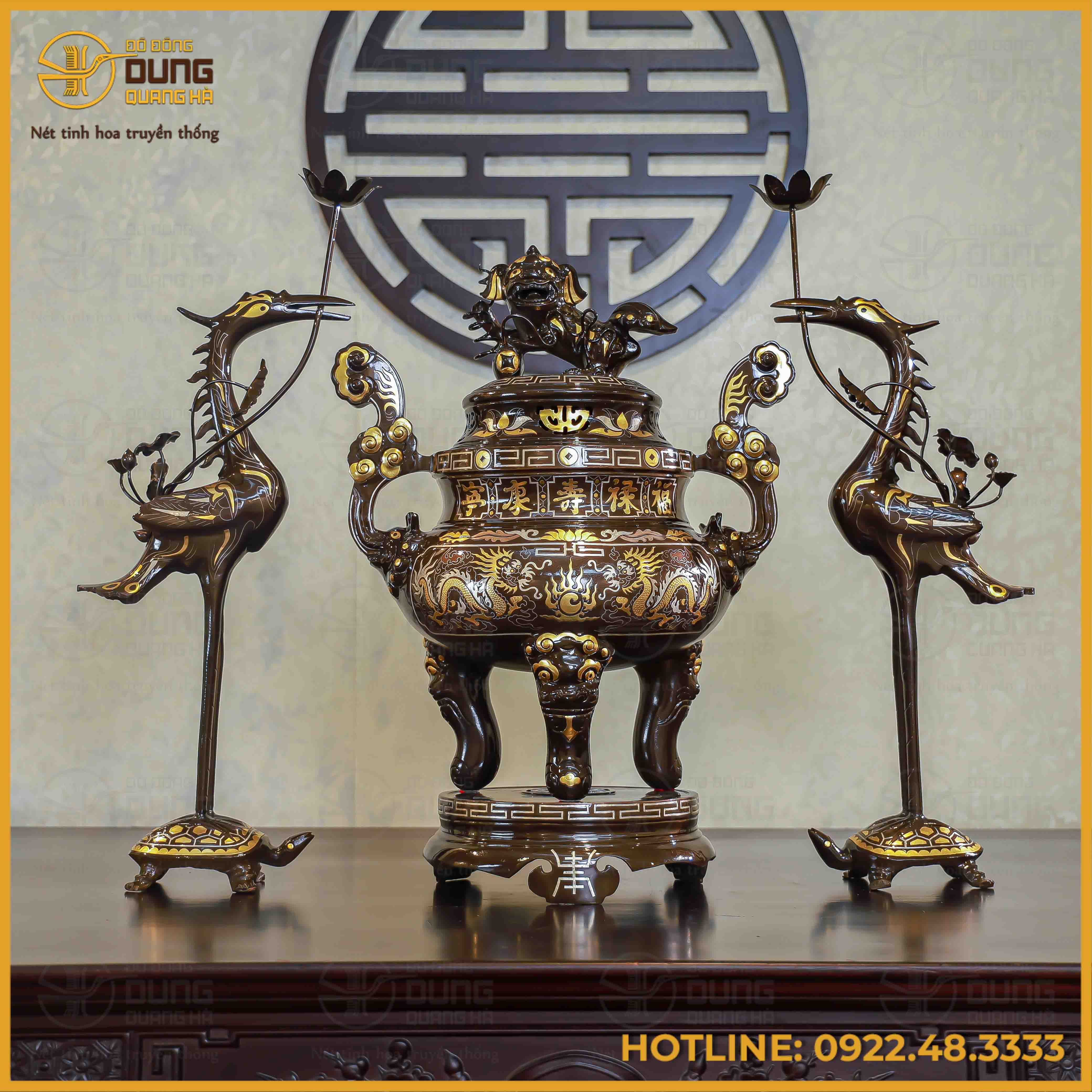 Bộ tam sự hạc song long chầu nguyệt đồng đỏ khảm tam khí dát điểm vàng cao 60cm