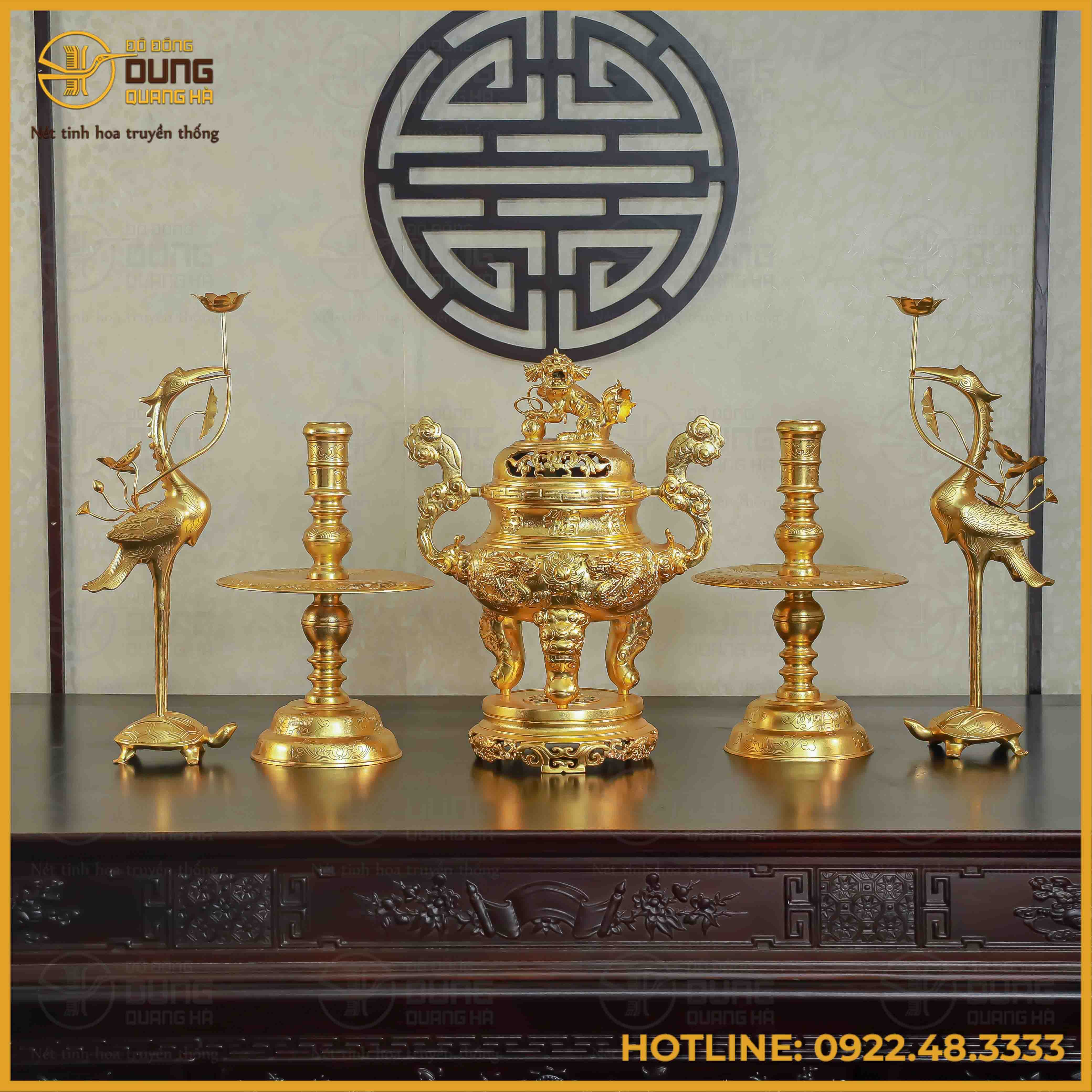 Bộ ngũ sự song long chầu nguyệt đồng đỏ dát vàng cao 60cm