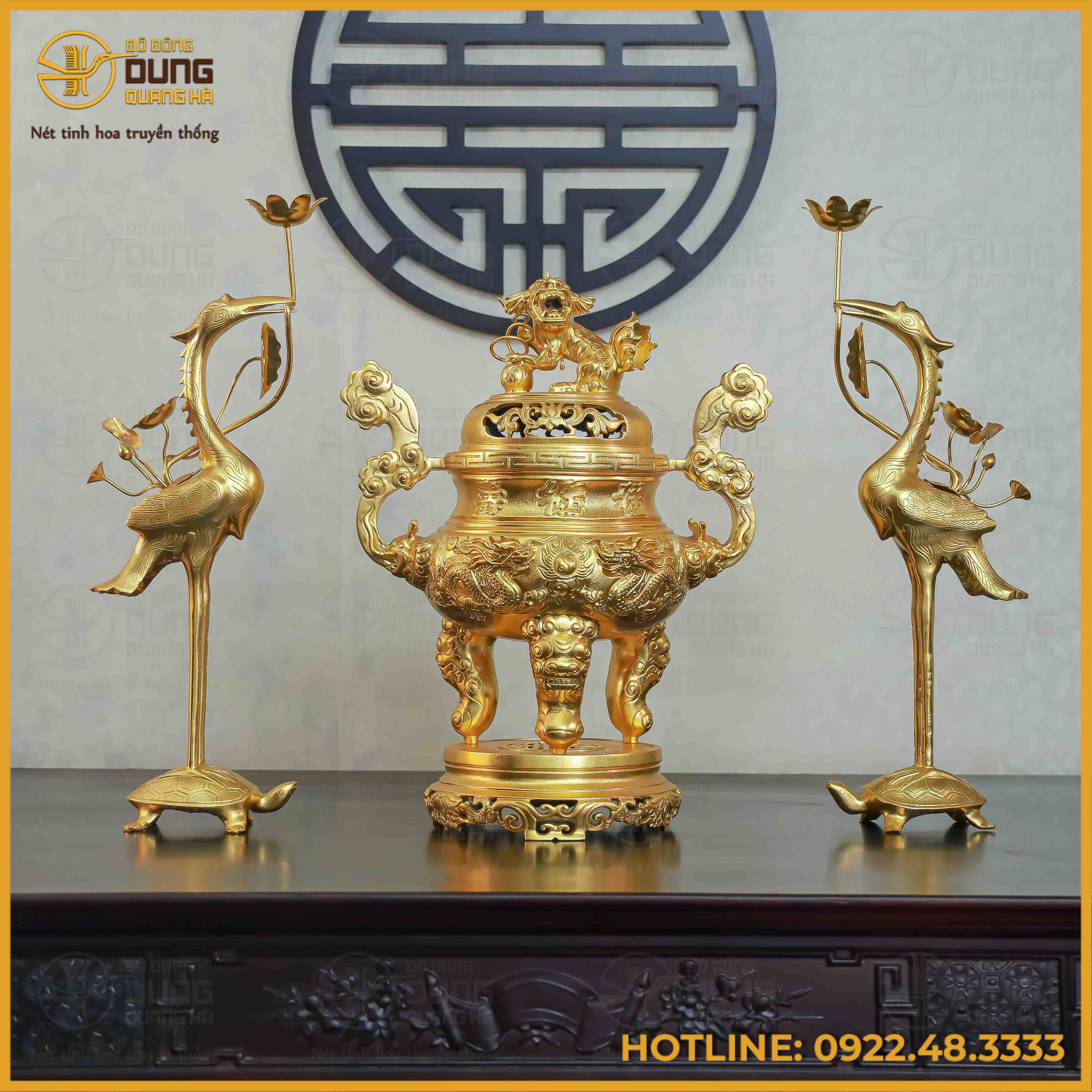 Bộ tam sự hạc song long chầu nguyệt đồng đỏ dát vàng cao 60cm
