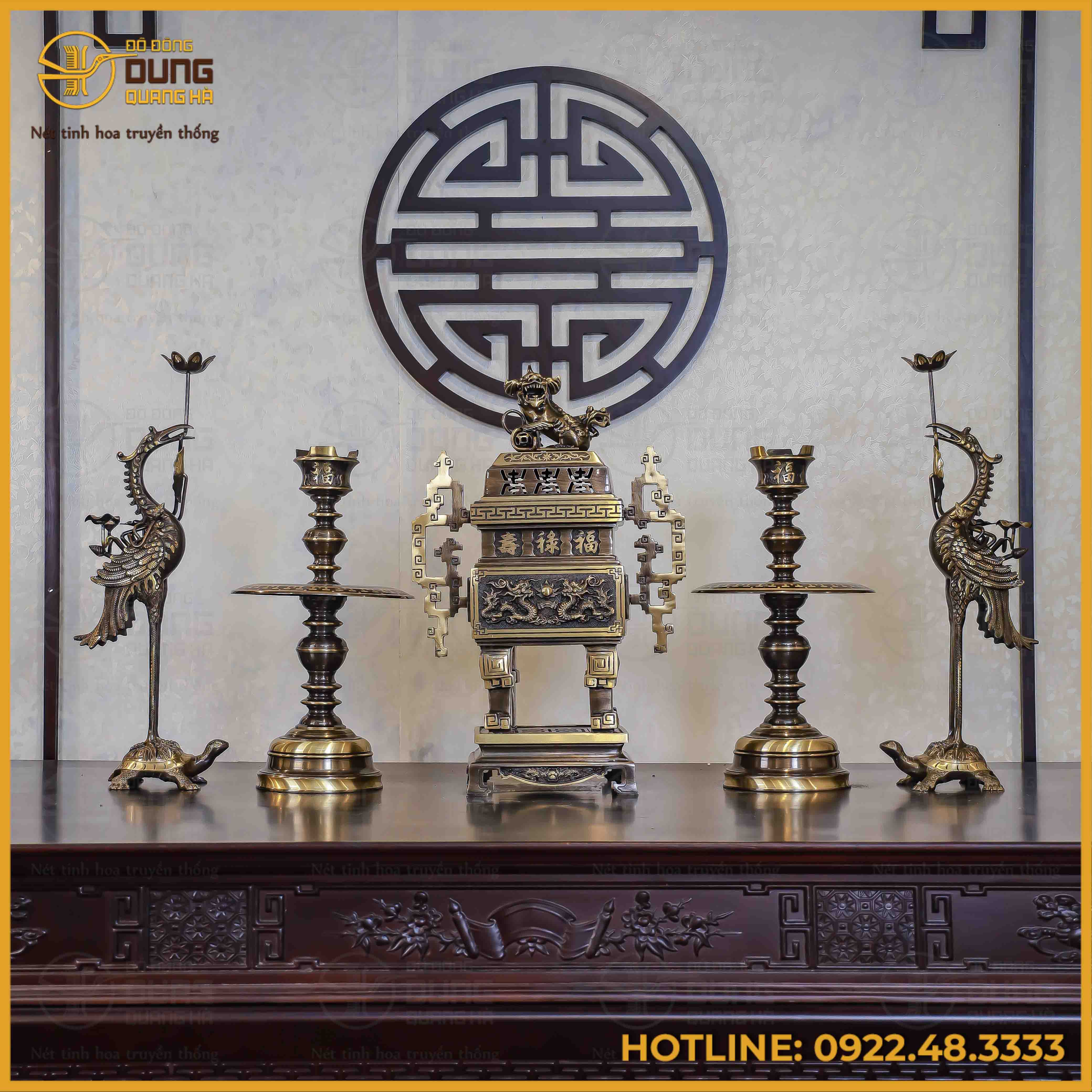 Bộ ngũ sự đỉnh vuông song long chầu nguyệt đồng vàng hai công nghệ cao 65cm