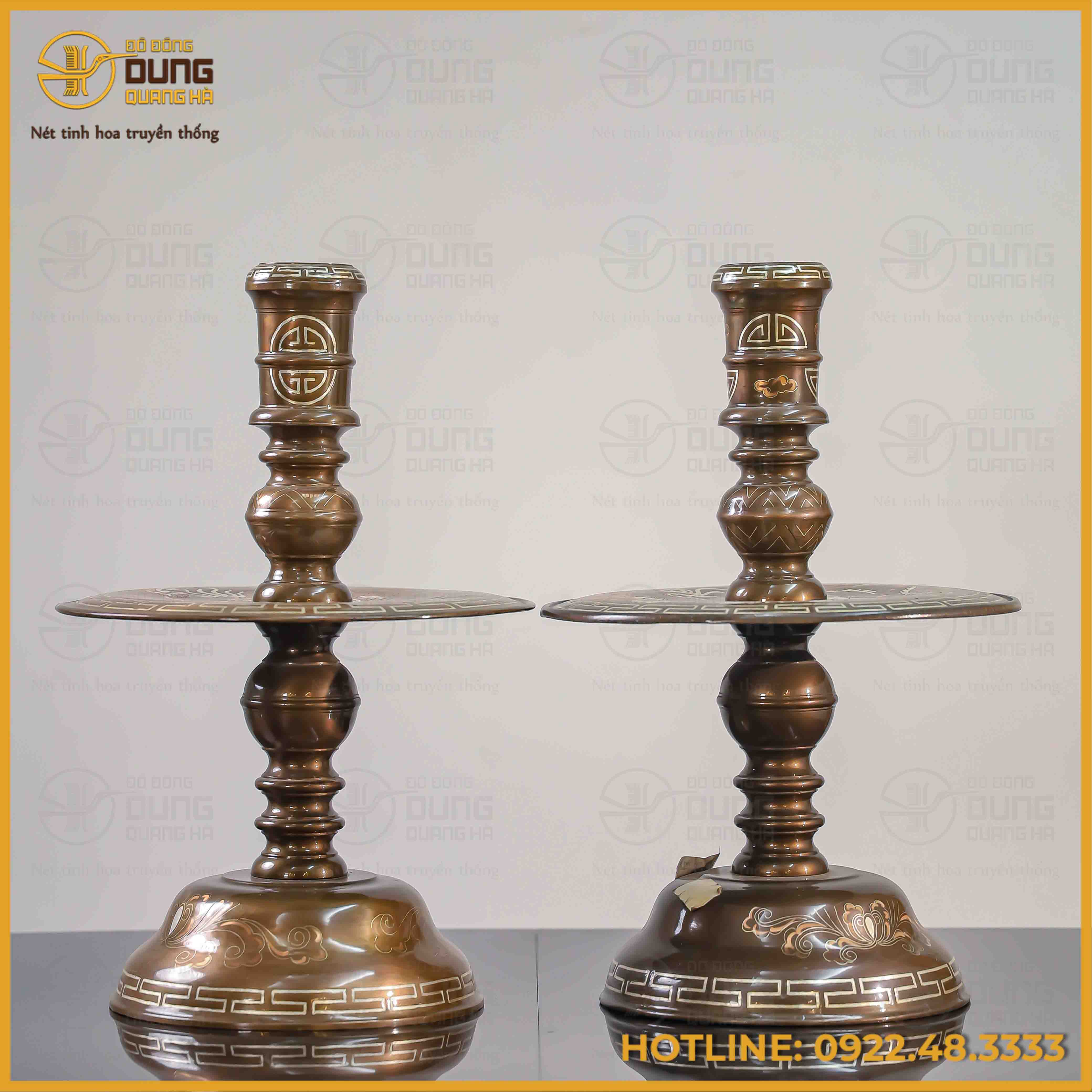 Đôi chân nến long phụng đồng đỏ khảm tam khí cao 50cm