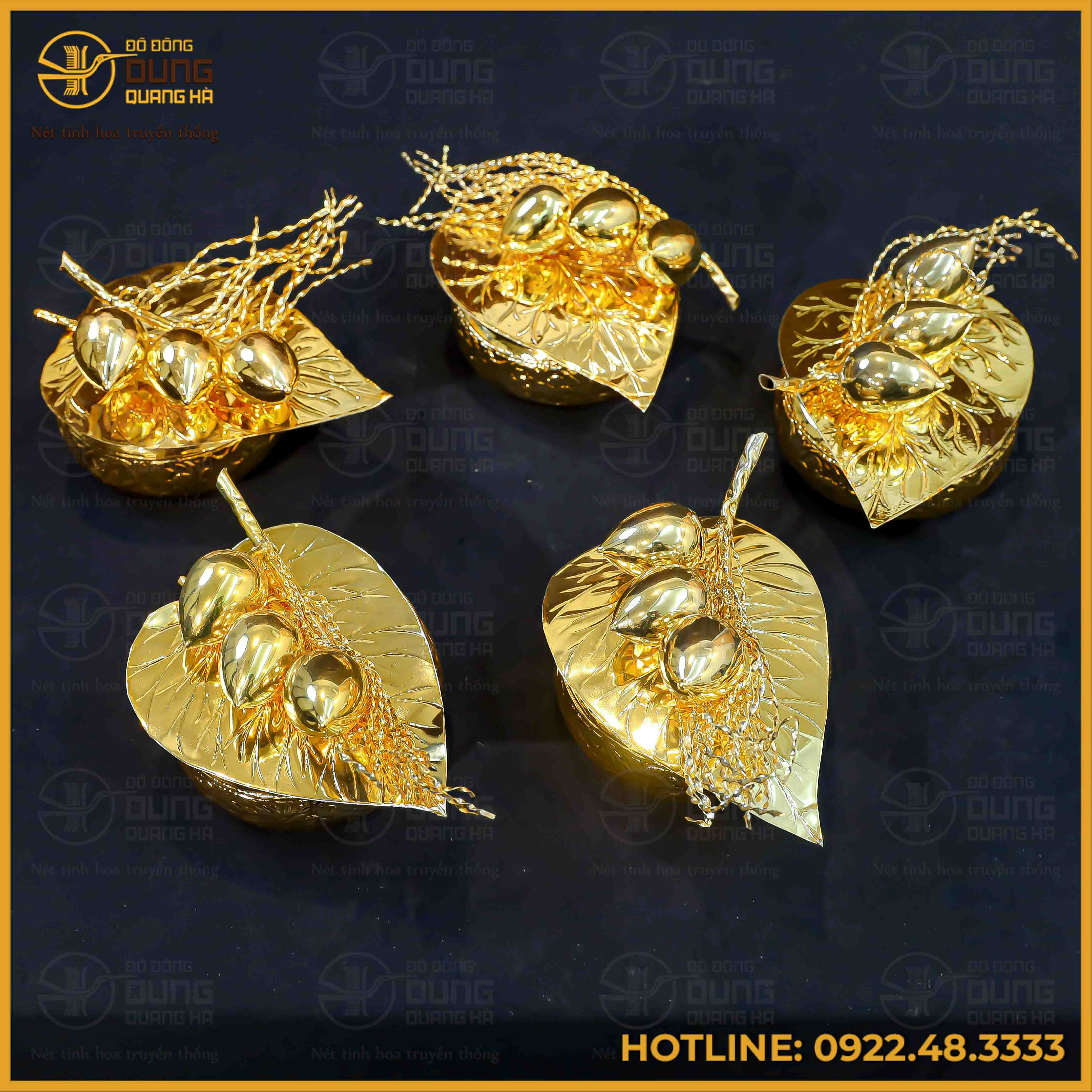 Bộ cơi trầu 5 quả đồng vàng mạ vàng 24K