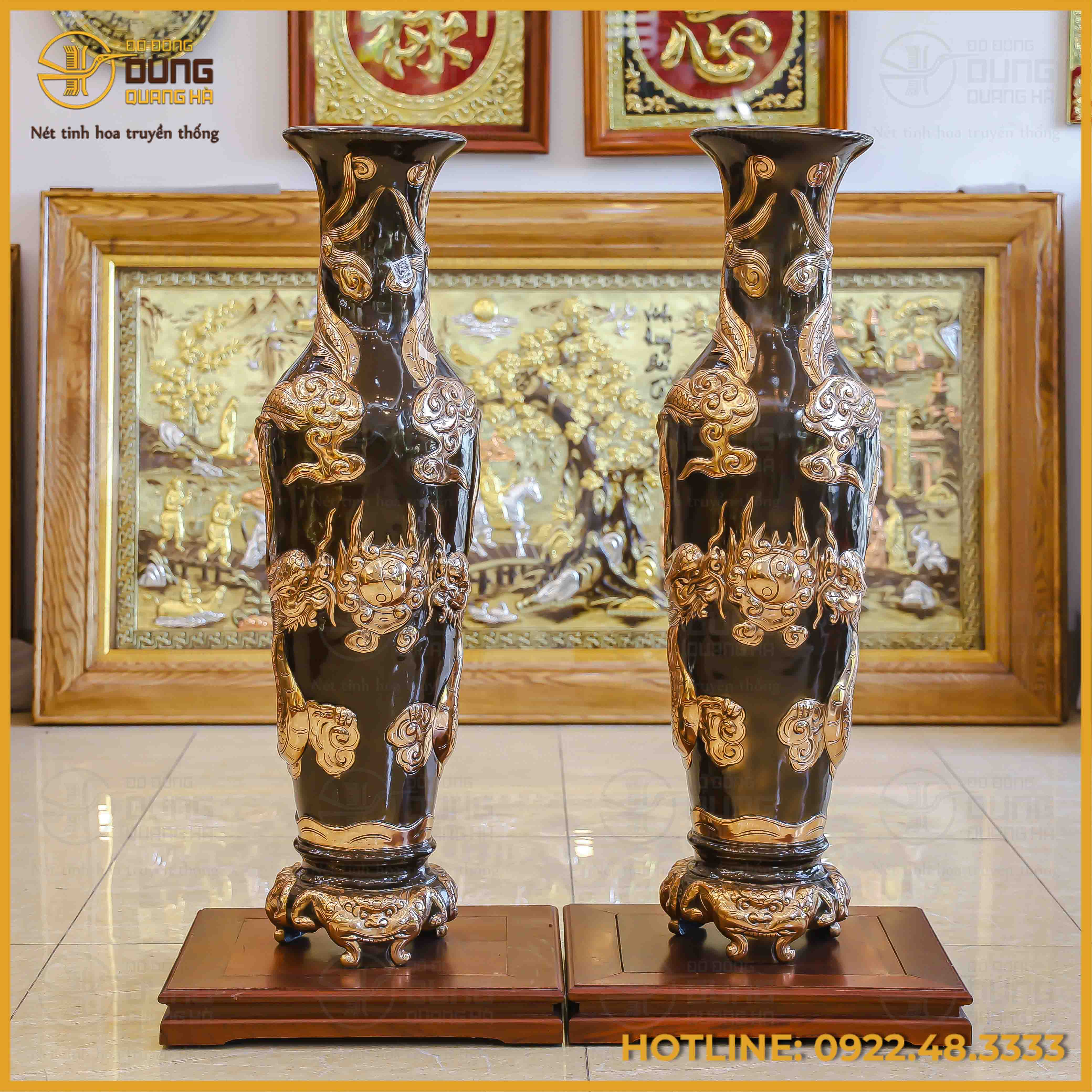 Đôi lộc bình song long chầu nguyệt đồng đỏ cạo màu