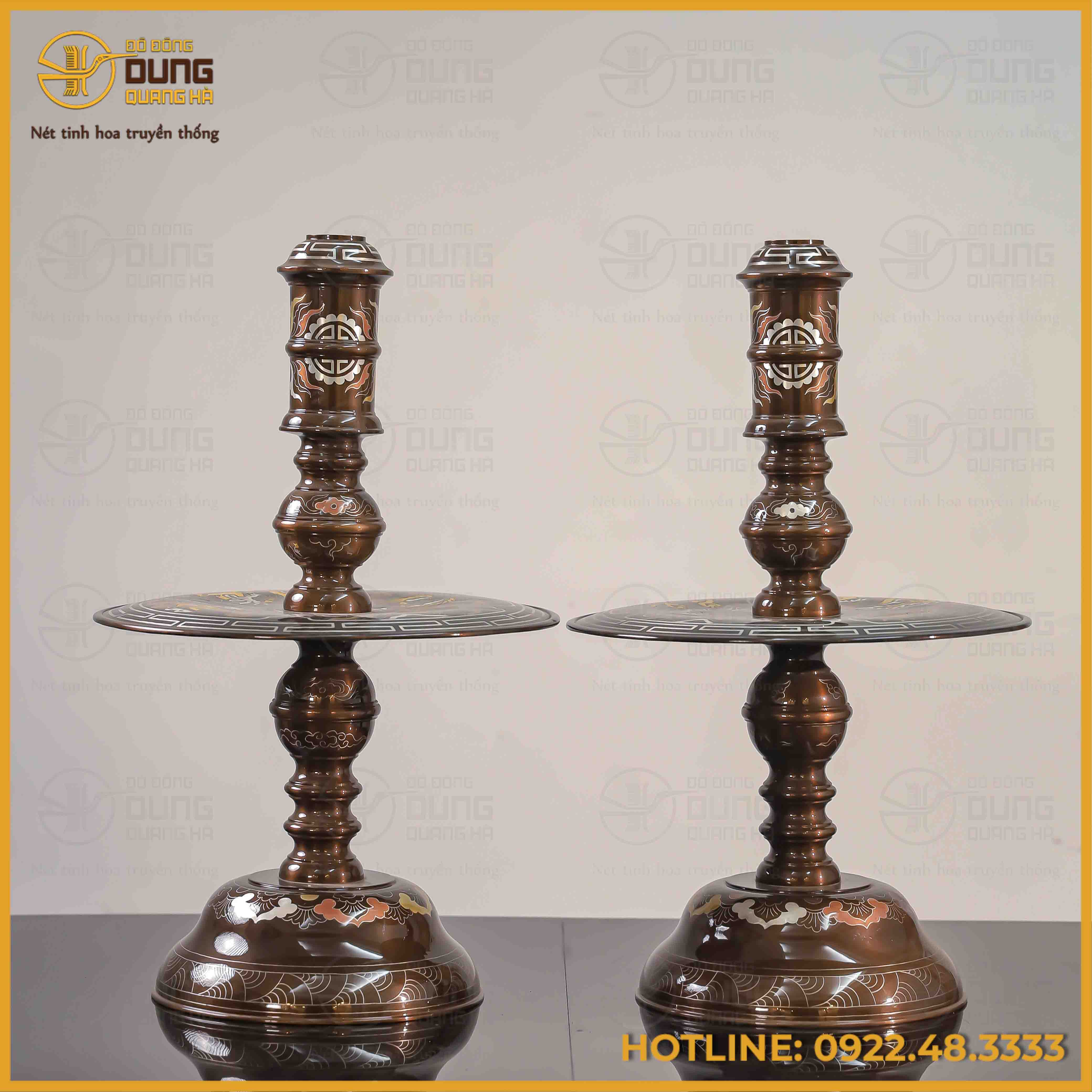 Đôi chân nến tứ linh đồng đỏ khảm ngũ sắc cao 60cm