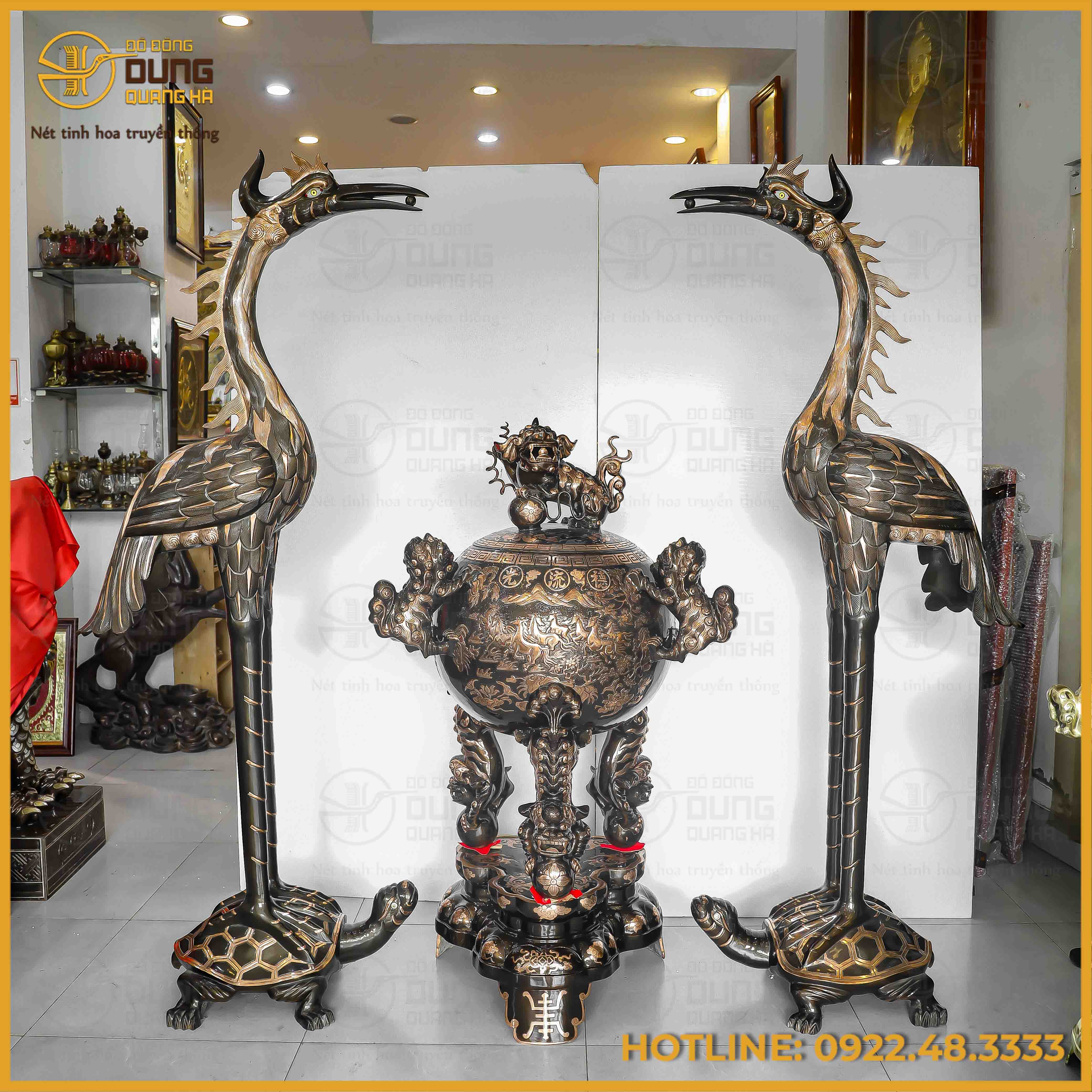 Bộ tam sự hạc cao 1m92 và đỉnh cầu cao 1m34 đồng đỏ cạo màu