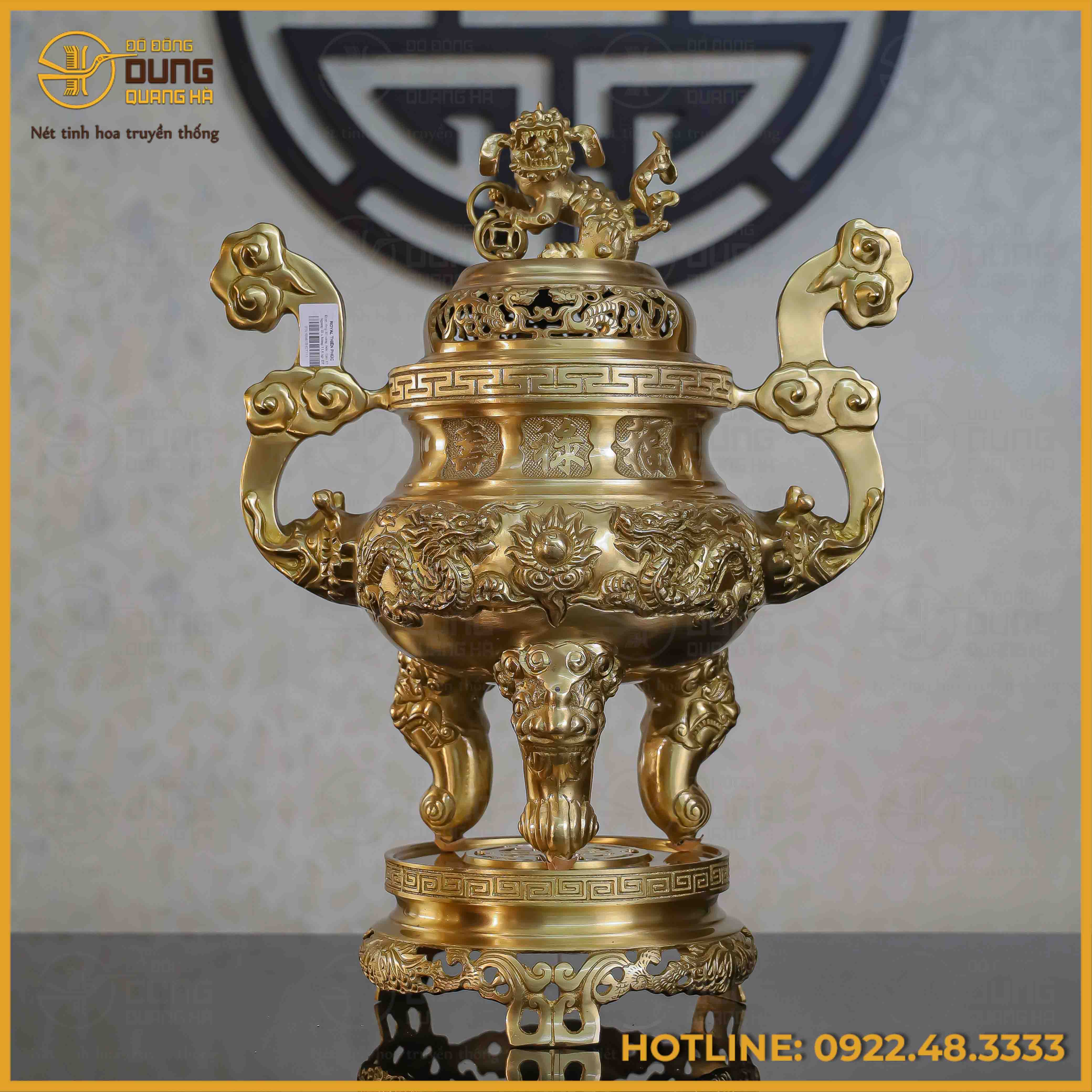 Đỉnh song long chầu nguyệt đồng vàng mộc cao 50cm