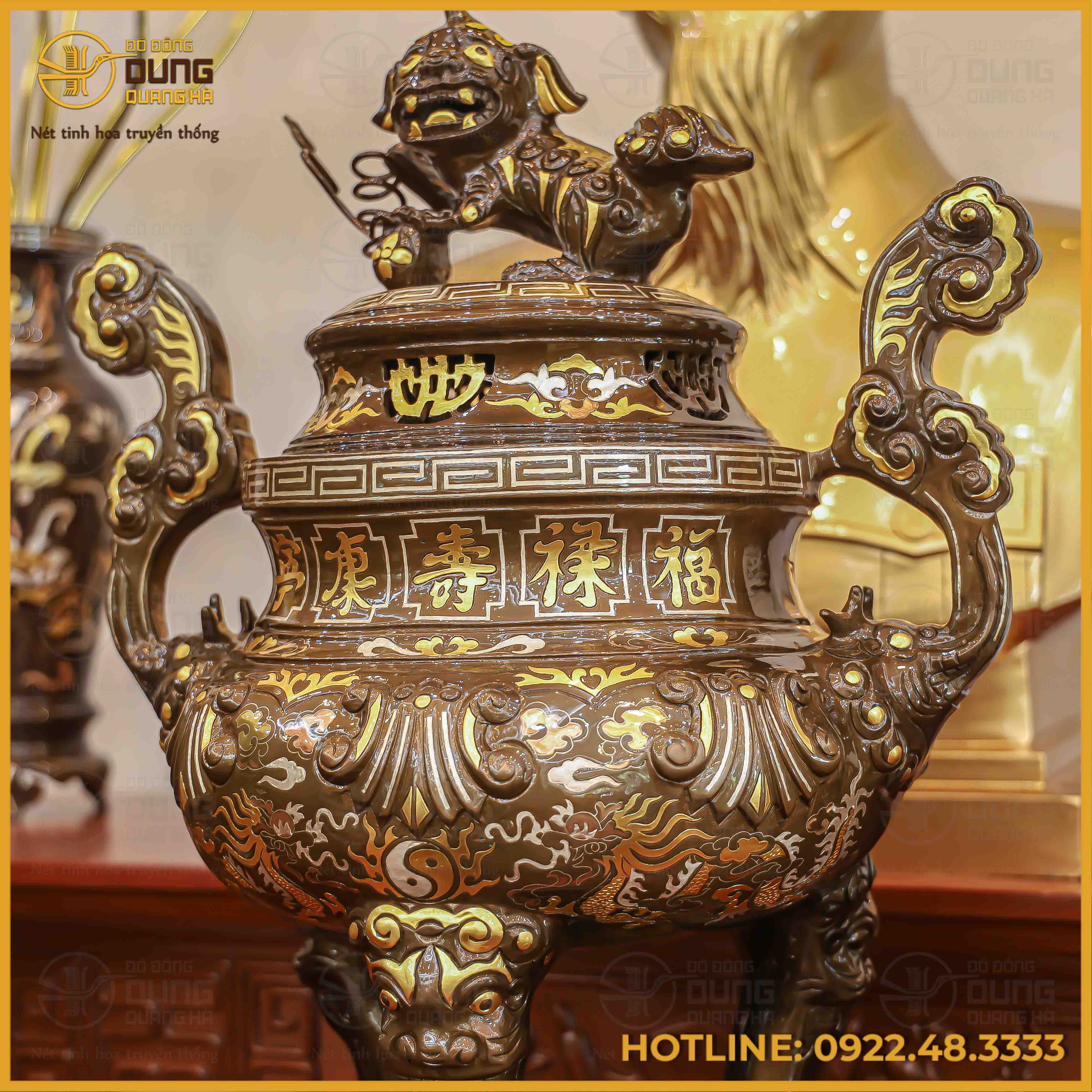 Bộ ngũ sự chạm hoa sòi đồng đỏ khảm tam khí dát điểm vàng cao 60cm