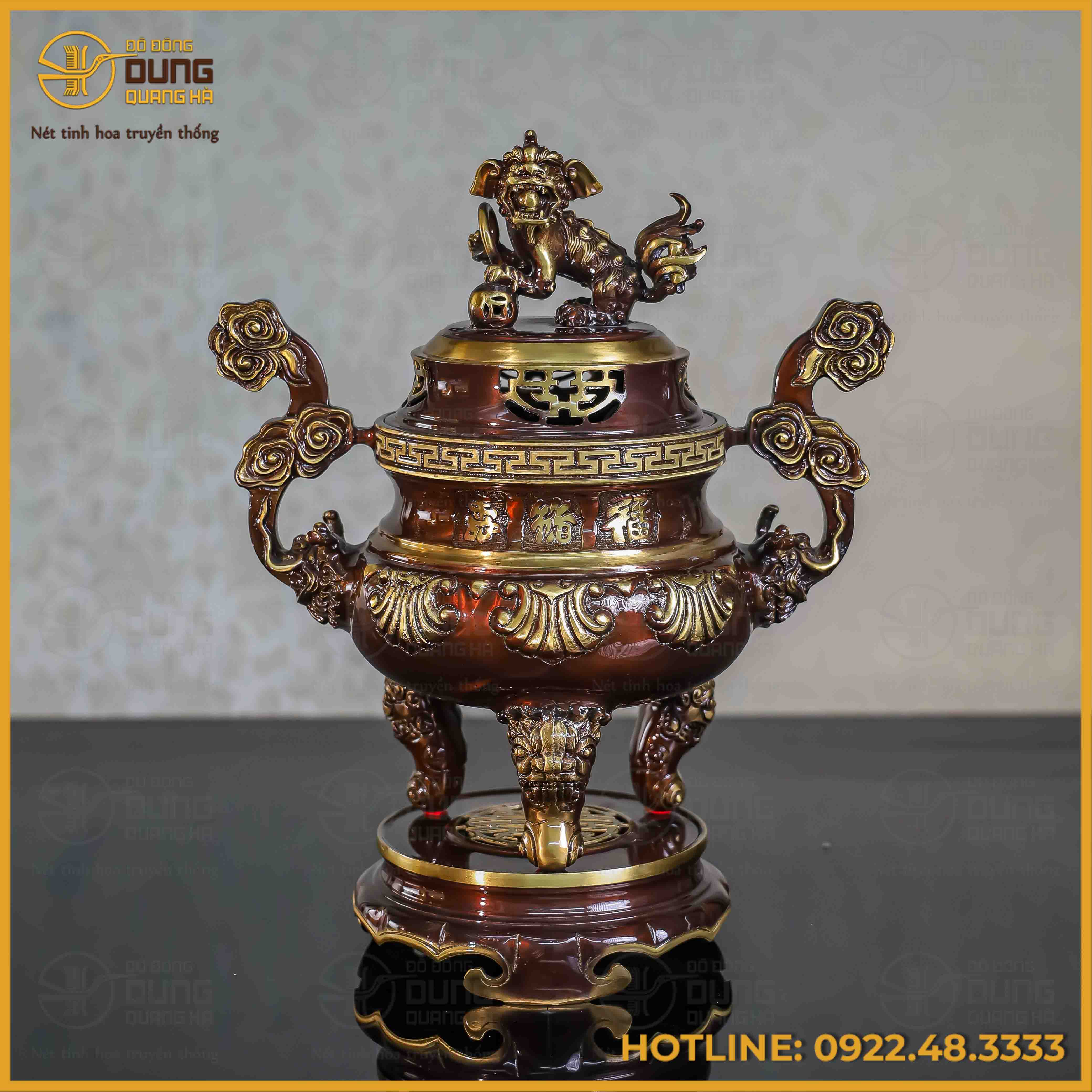 Đỉnh chạm sòi đồng vàng hai lai cao 45cm