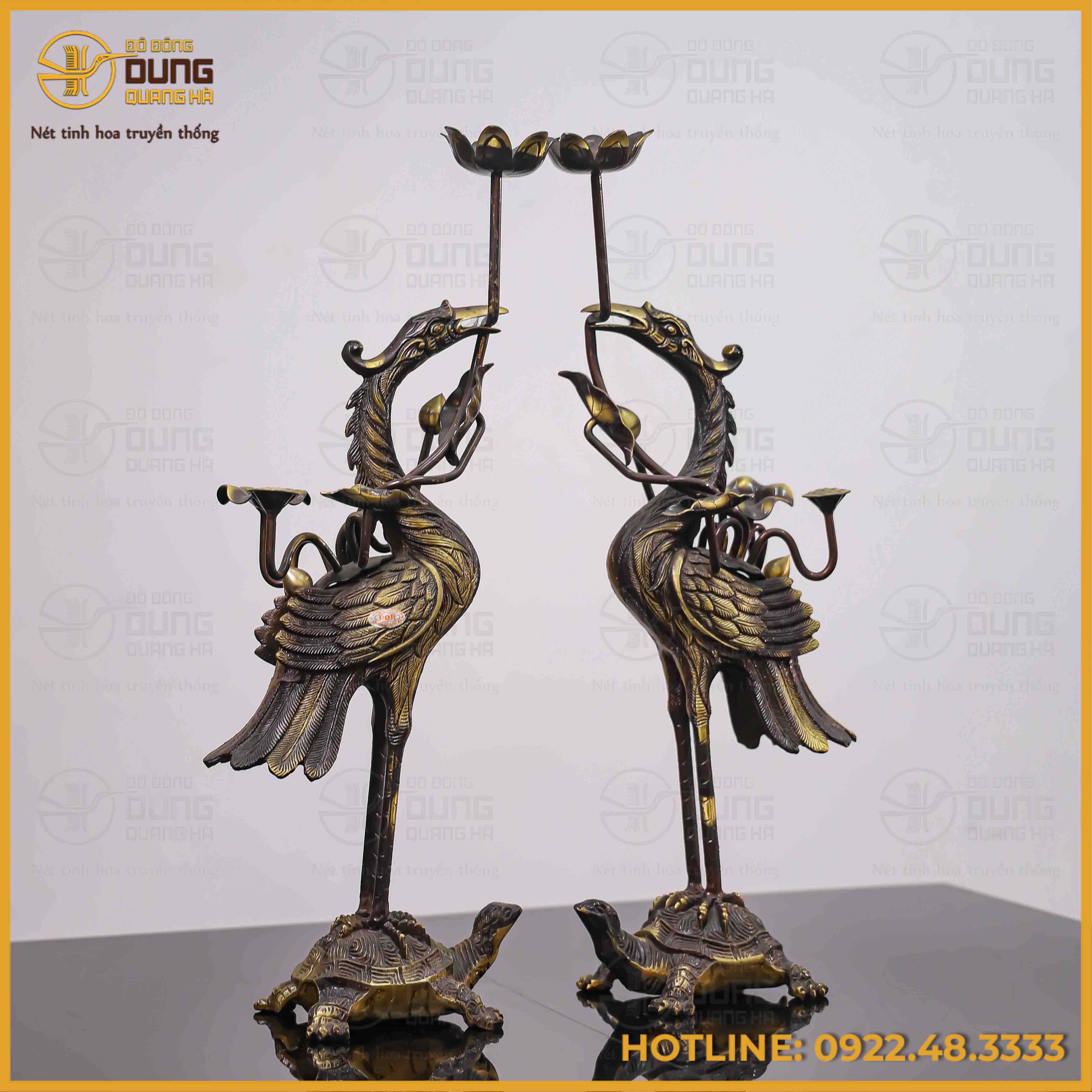 Đôi hạc thờ đồng vàng hai lai cao 45cm