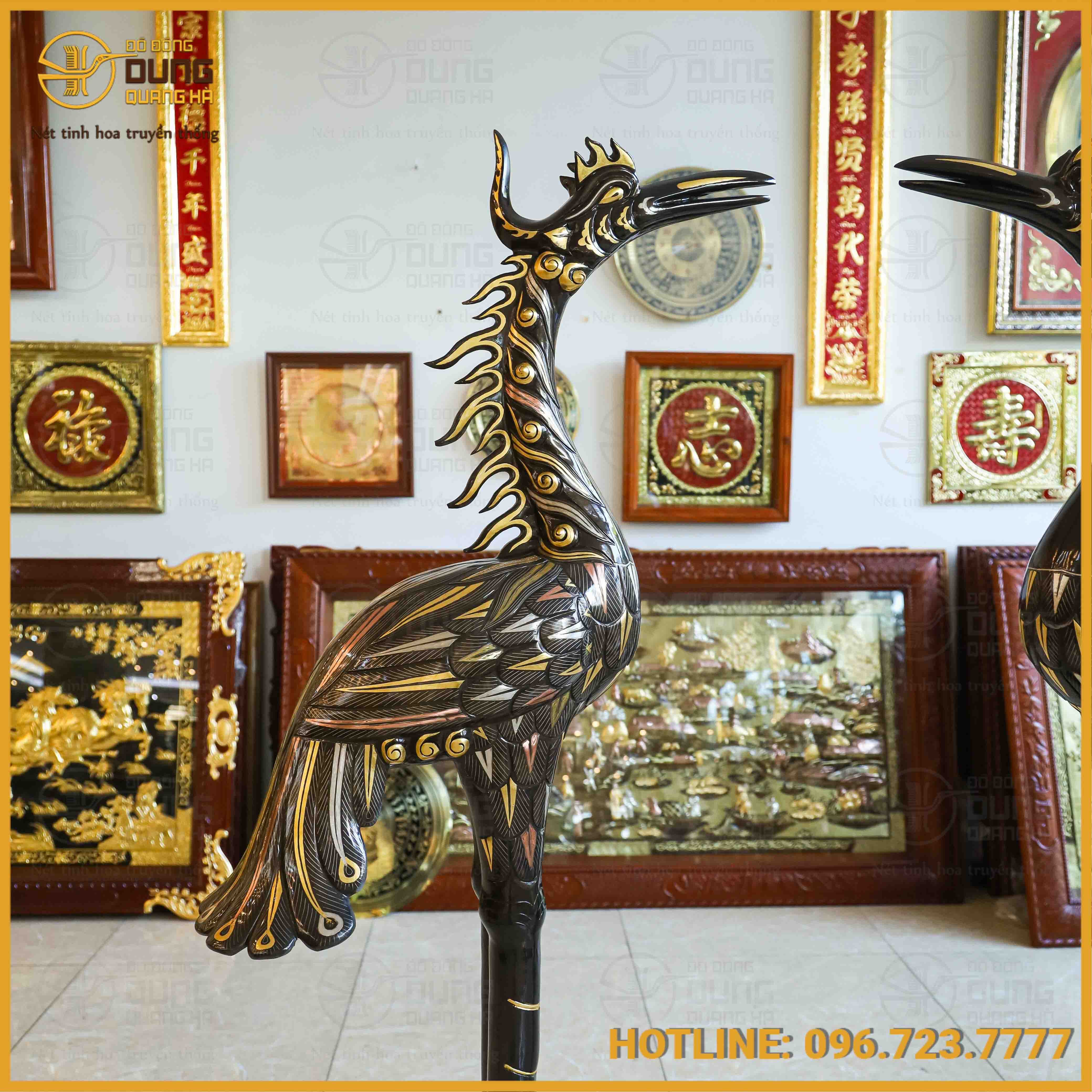 Đôi hạc thờ cỡ lớn đồng đỏ khảm tam khí