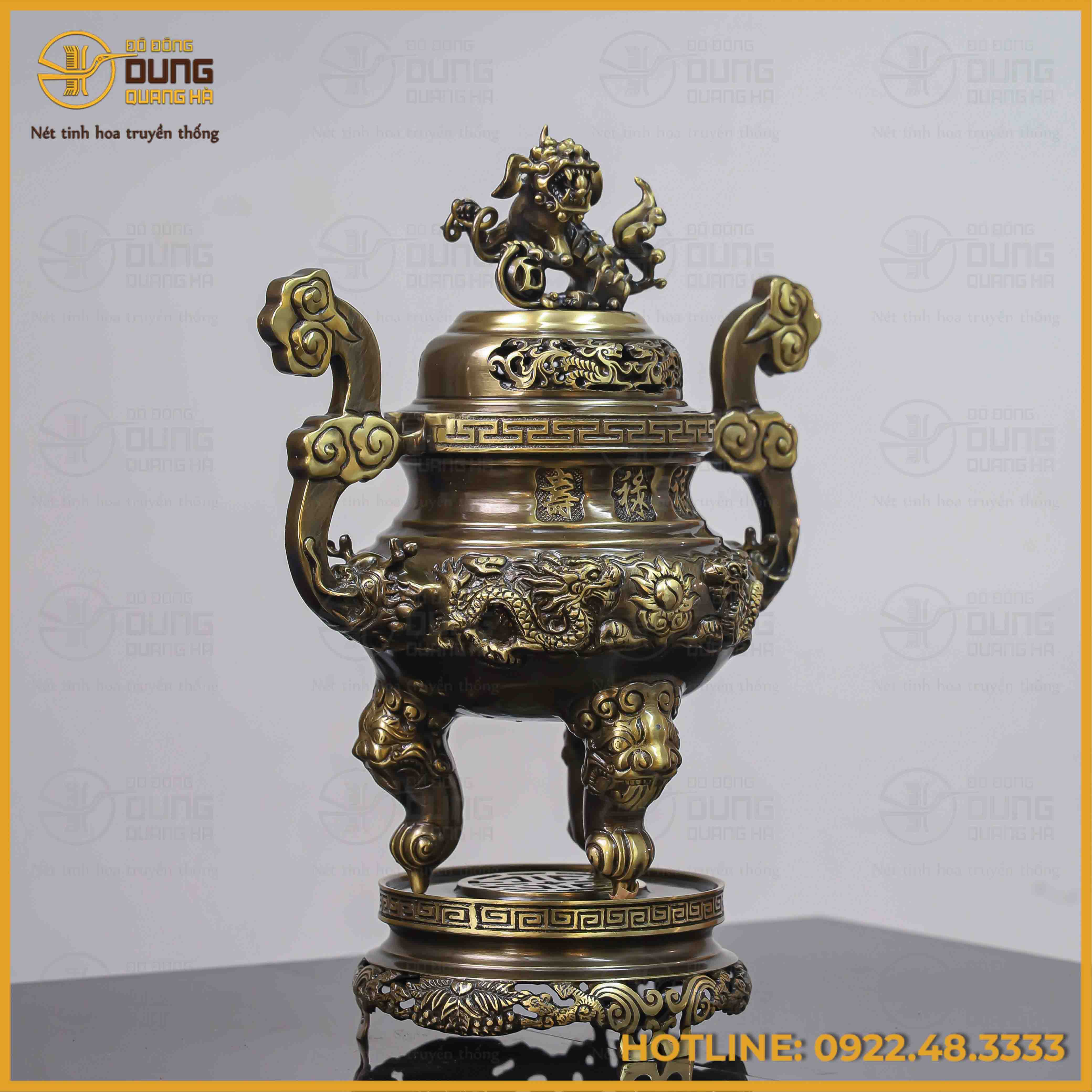 Đỉnh song long chầu nguyệt đồng vàng hai công nghệ cao 45cm