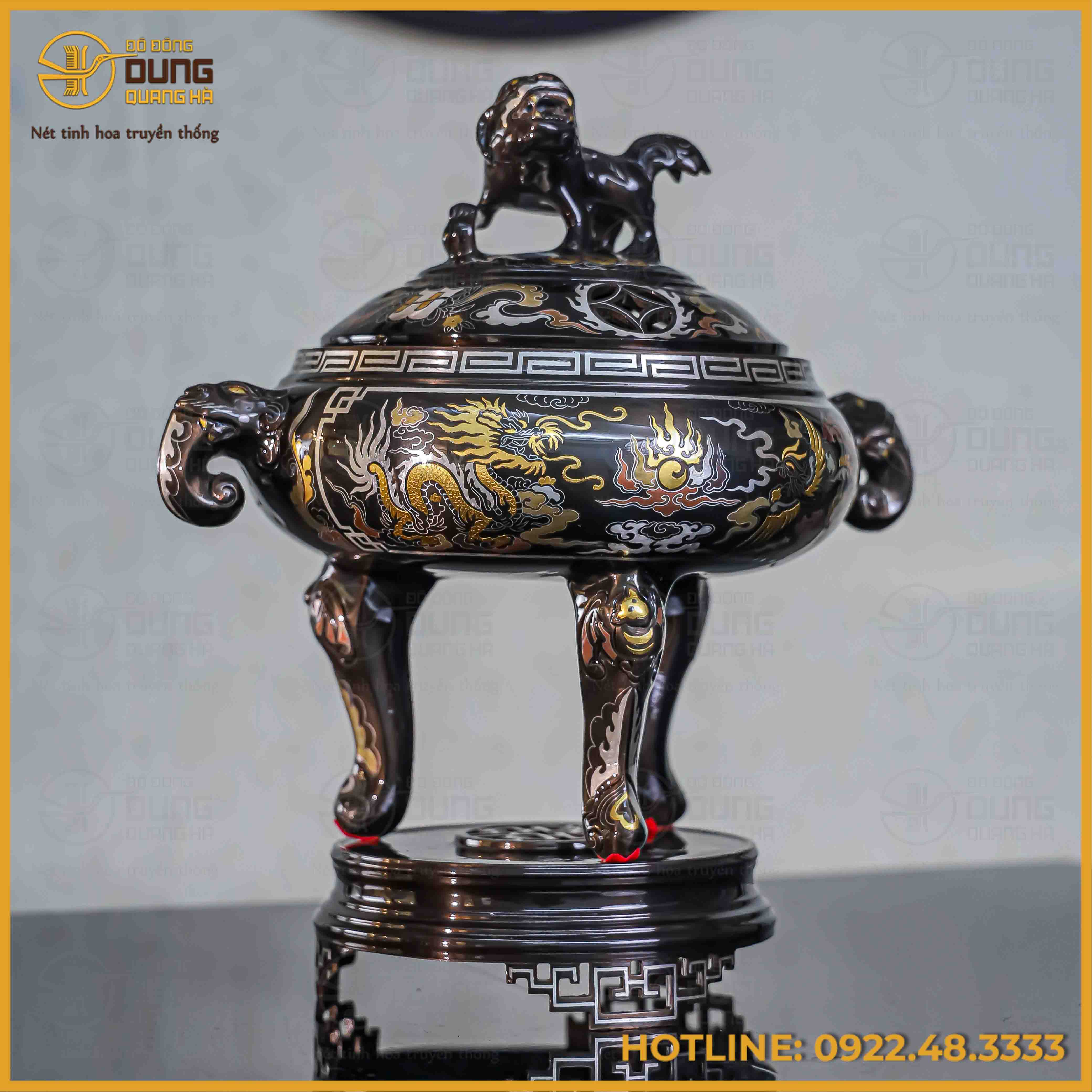 Lư đỉnh đốt trầm đồng đỏ khảm ngũ sắc cao 35cm