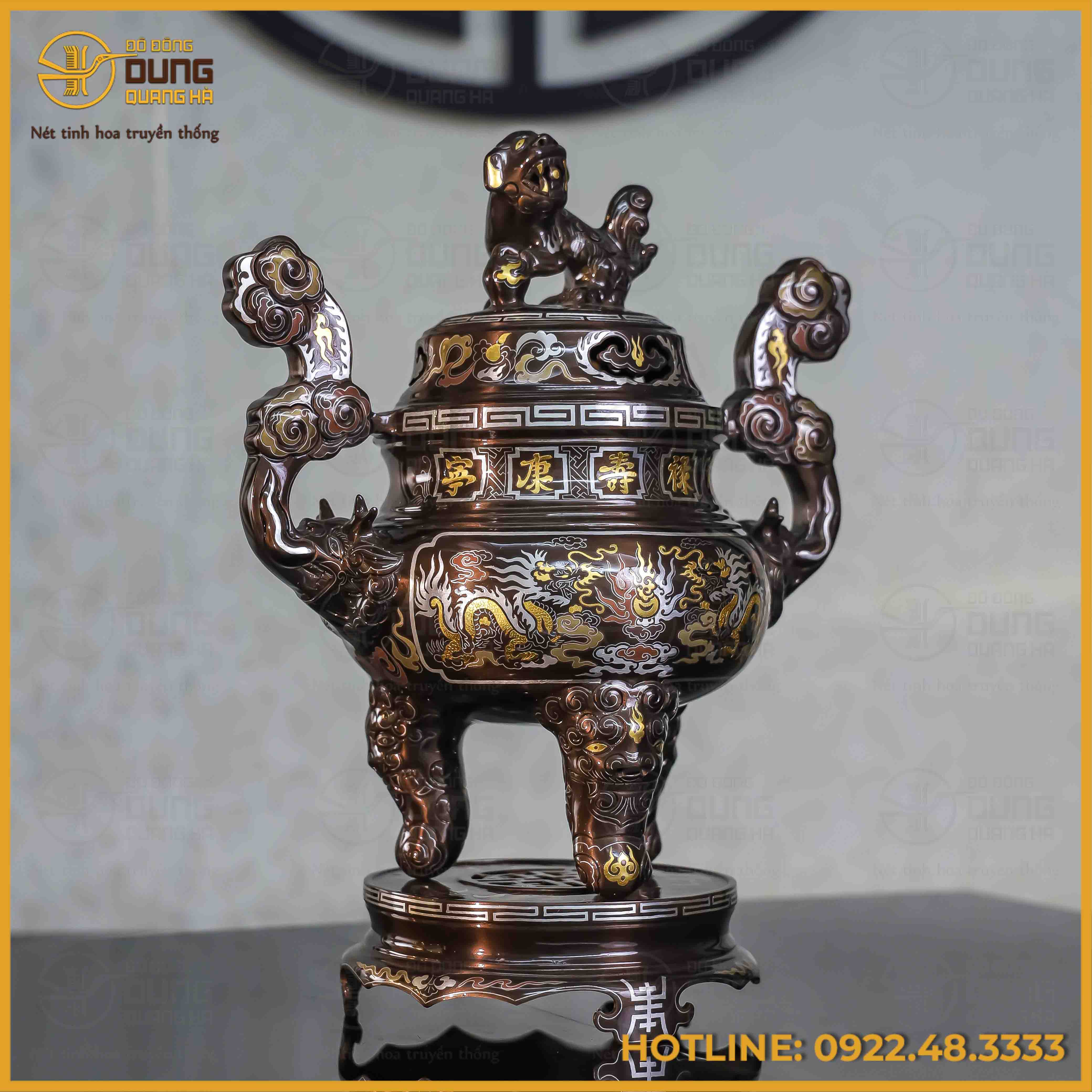 Đỉnh song long chầu nguyệt đồng đỏ khảm ngũ sắc cao 40cm