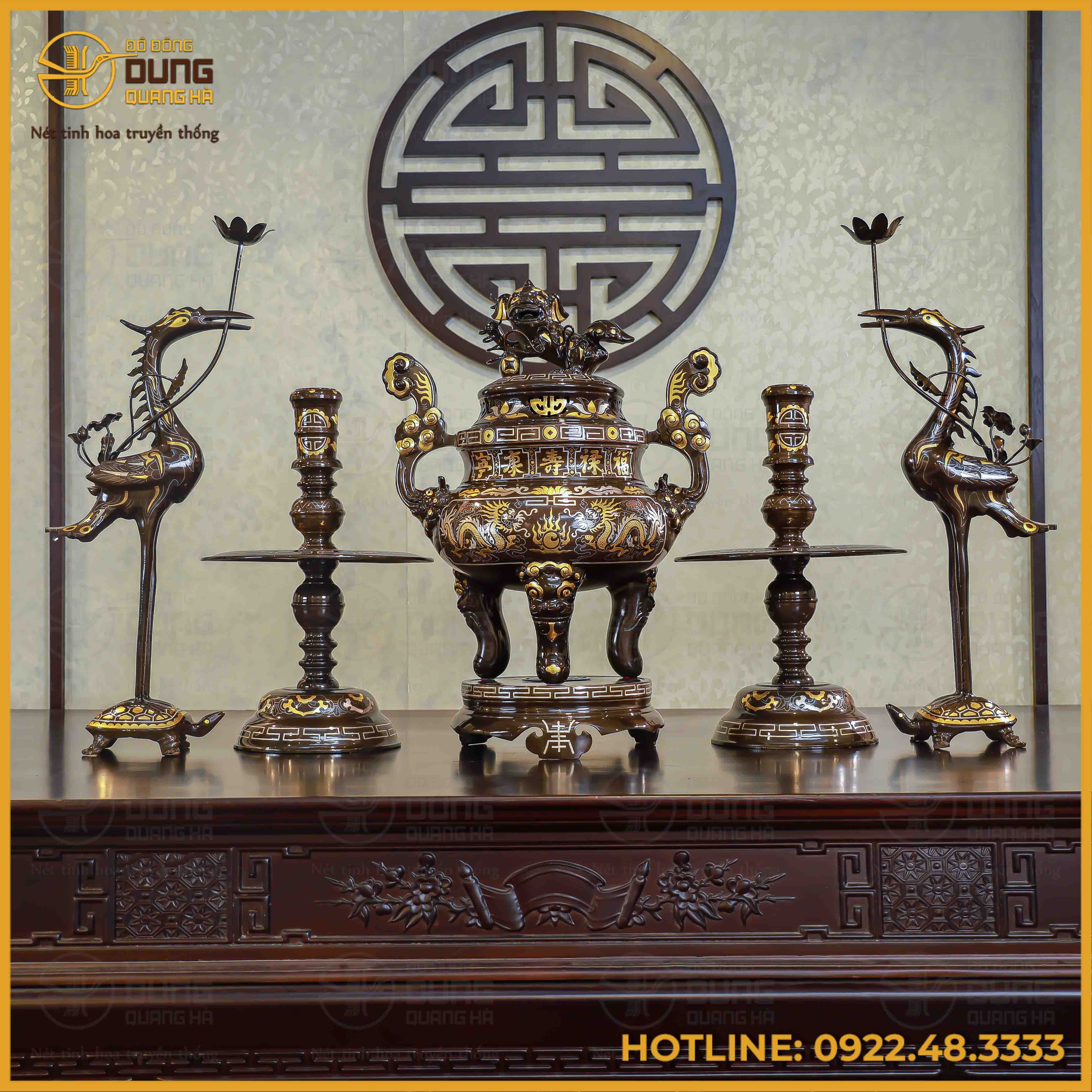 Bộ ngũ sự song long chầu nguyệt đồng đỏ khảm tam khí dát điểm vàng cao 60cm