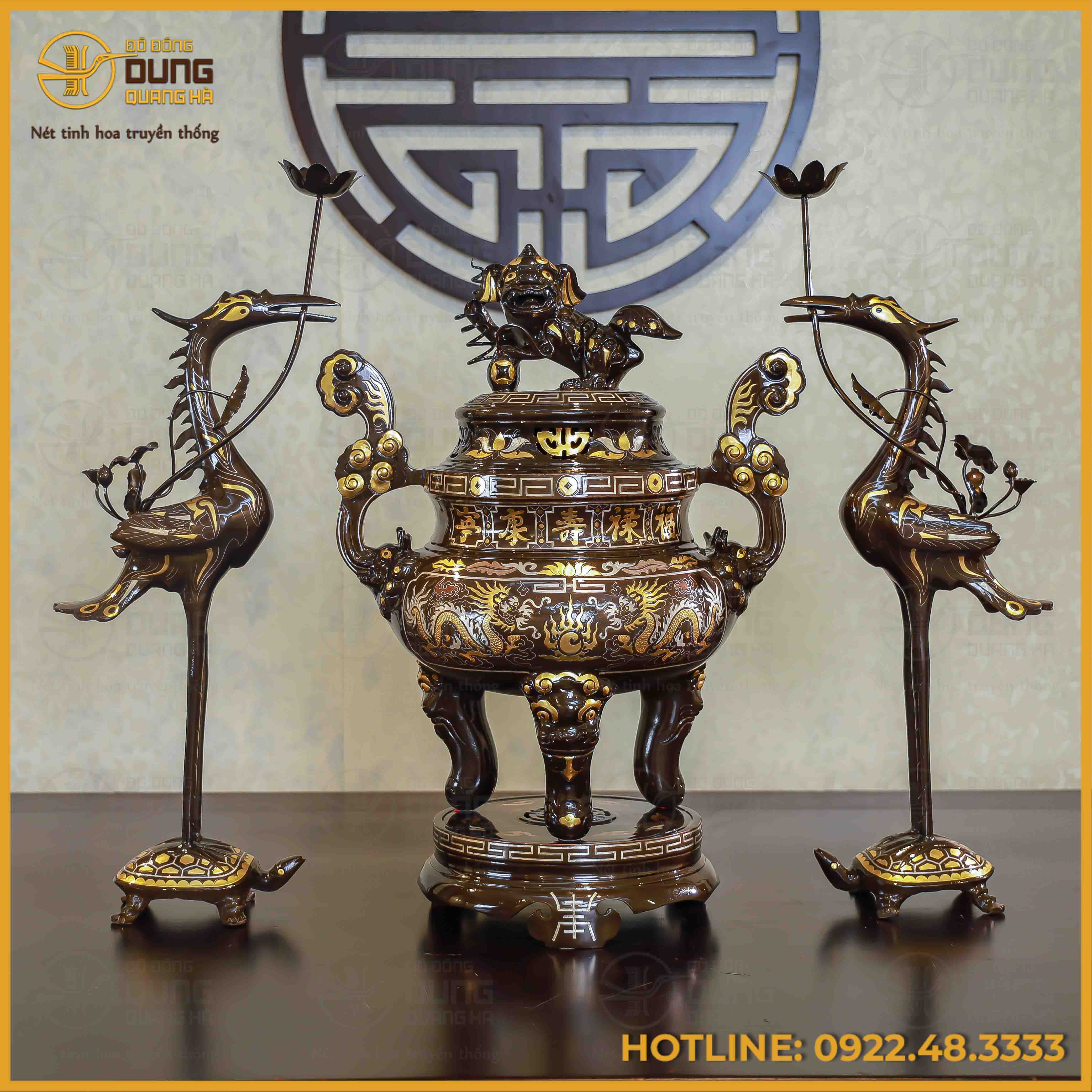 Bộ tam sự hạc song long chầu nguyệt đồng đỏ khảm tam khí dát điểm vàng cao 60cm