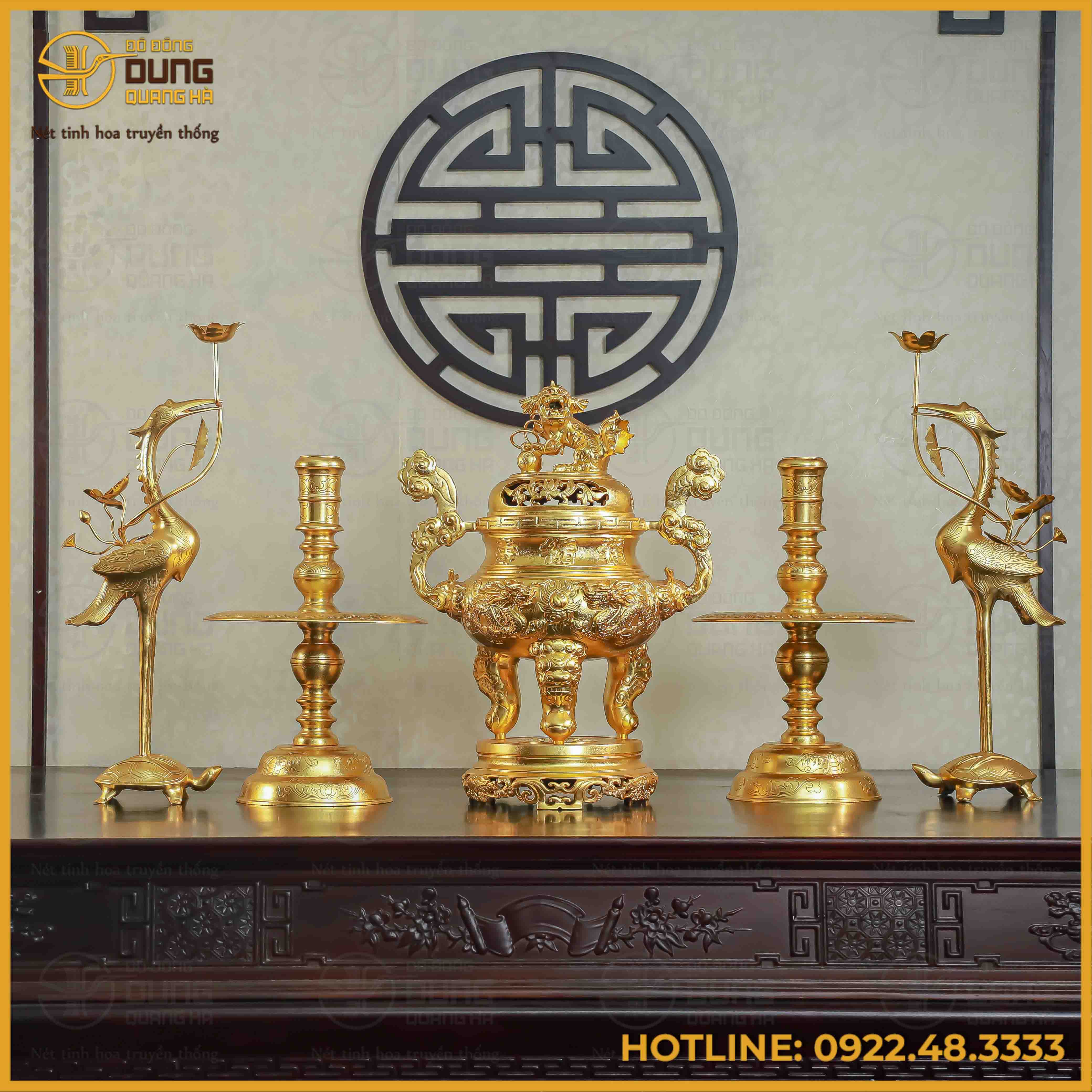 Bộ ngũ sự song long chầu nguyệt đồng đỏ dát vàng cao 60cm