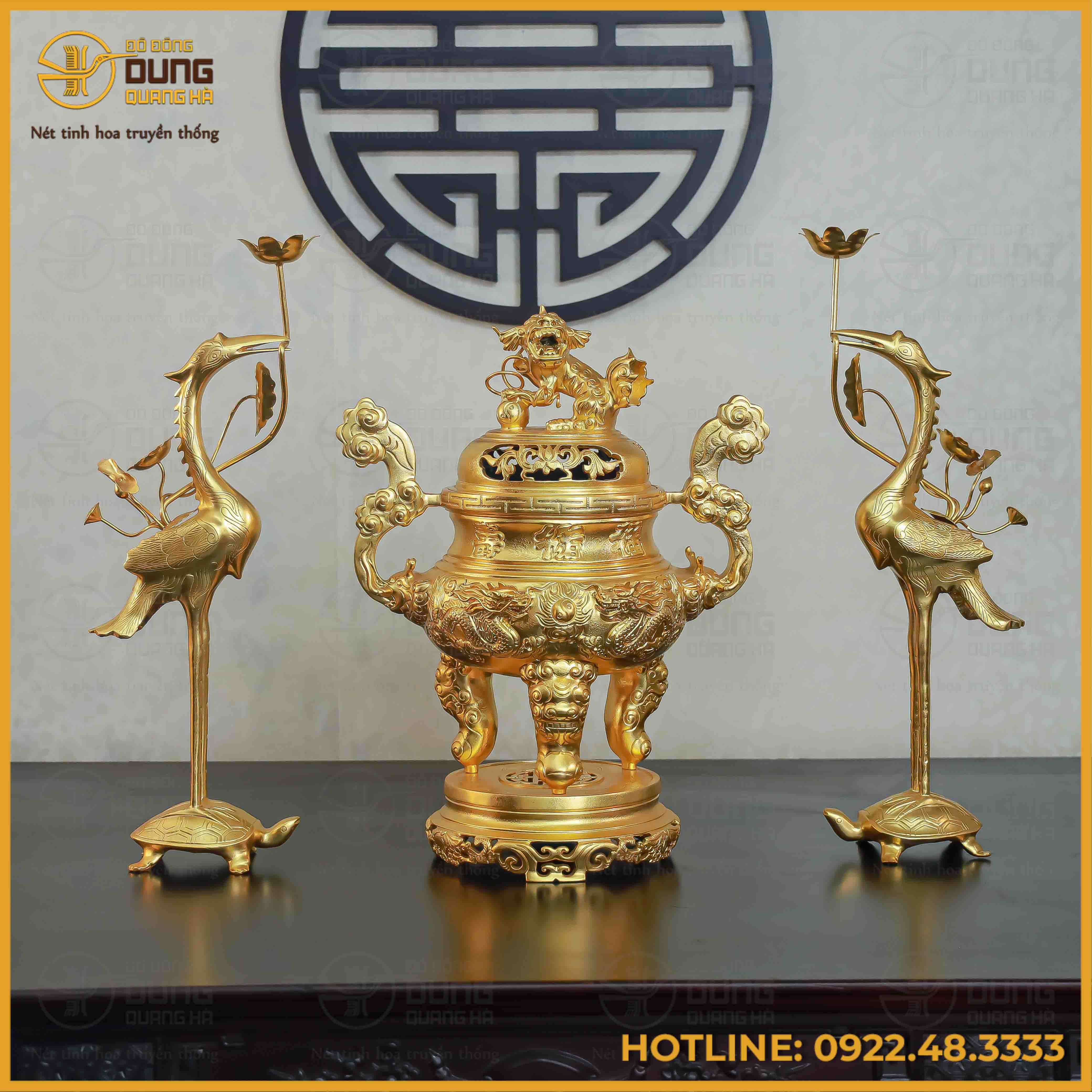 Bộ tam sự hạc song long chầu nguyệt đồng đỏ dát vàng cao 60cm