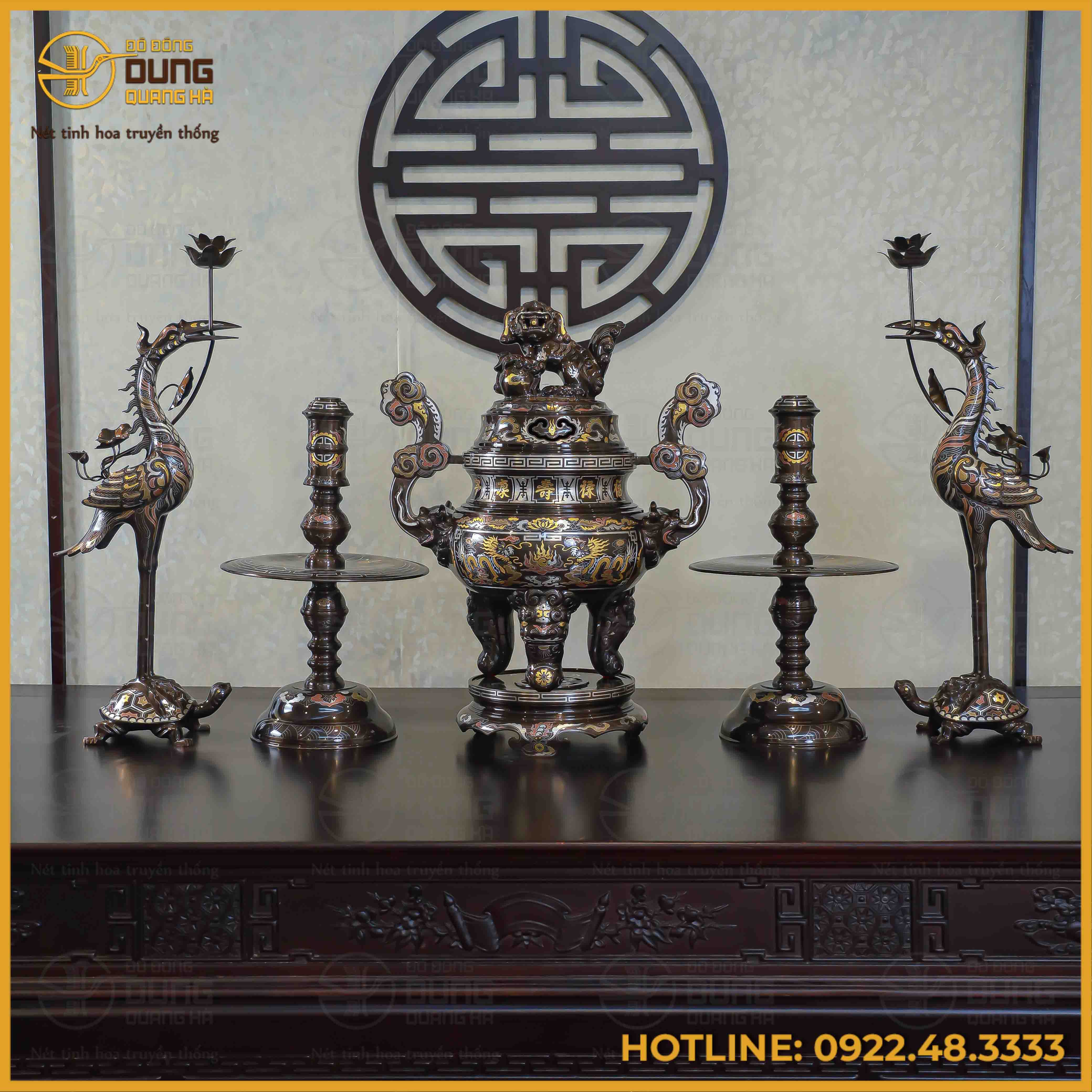 Bộ ngũ sự song long chầu nguyệt đồng đỏ khảm ngũ sắc cao 65cm