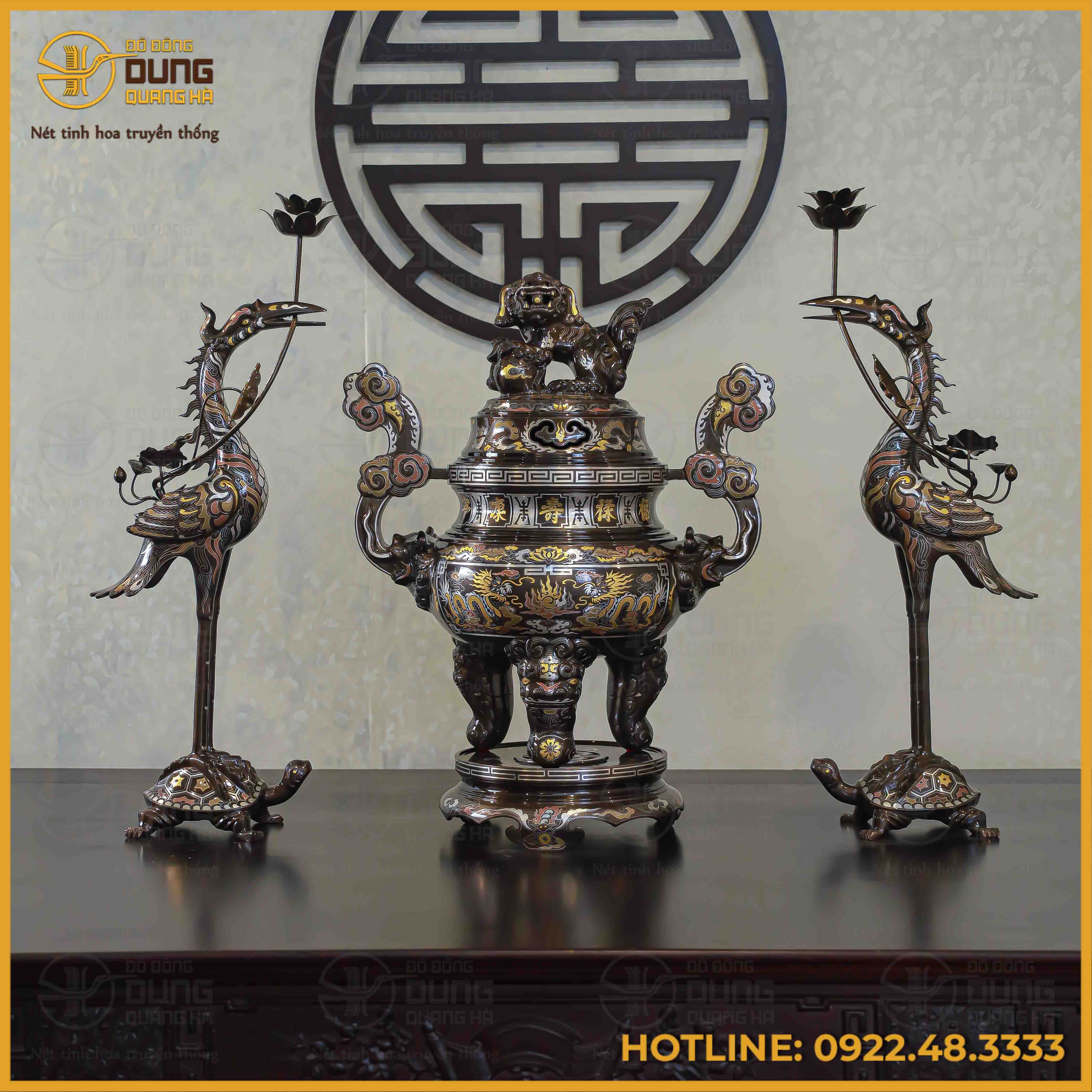 Bộ tam sự hạc song long chầu nguyệt đồng đỏ khảm ngũ sắc cao 65cm
