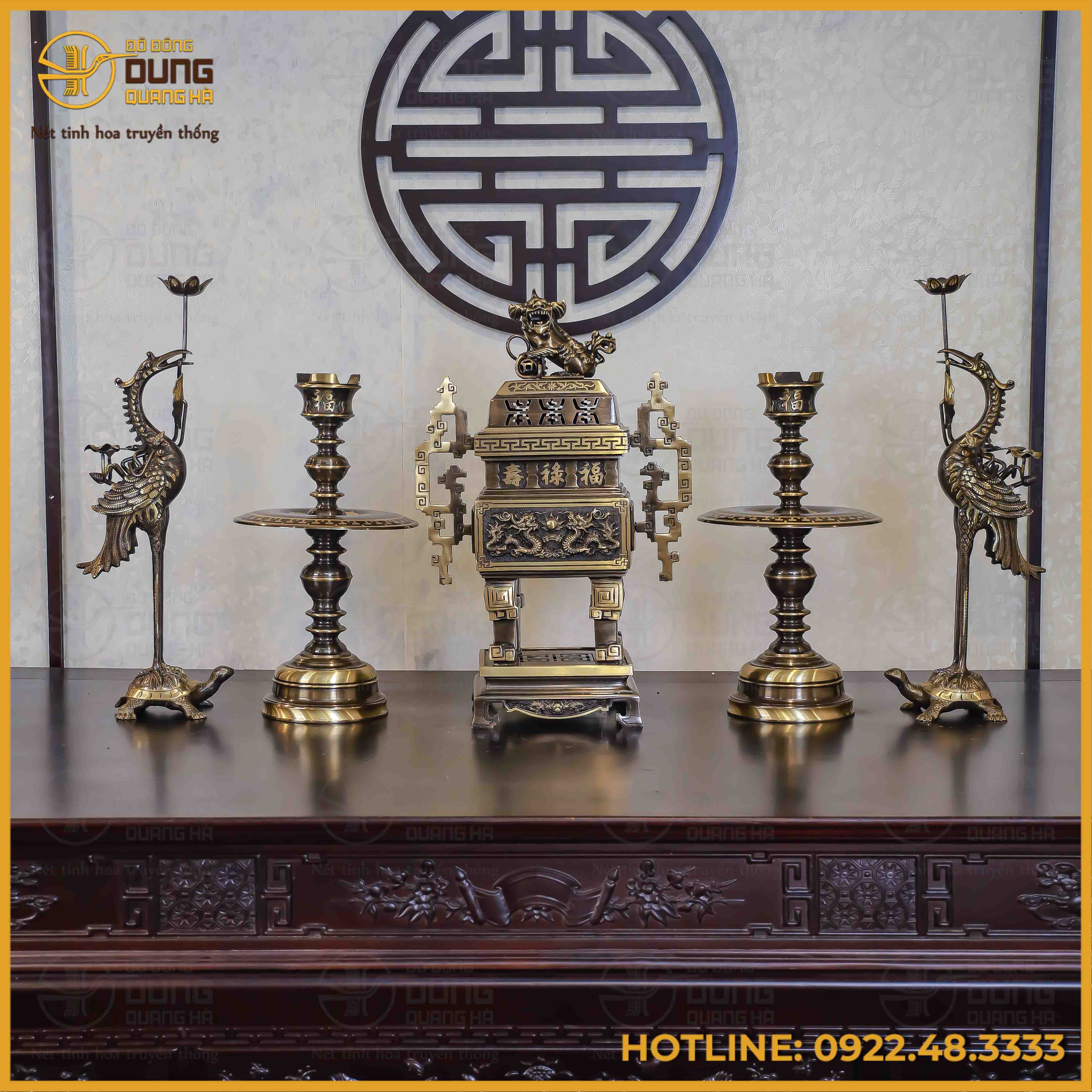 Bộ ngũ sự đỉnh vuông song long chầu nguyệt đồng vàng hai công nghệ cao 65cm