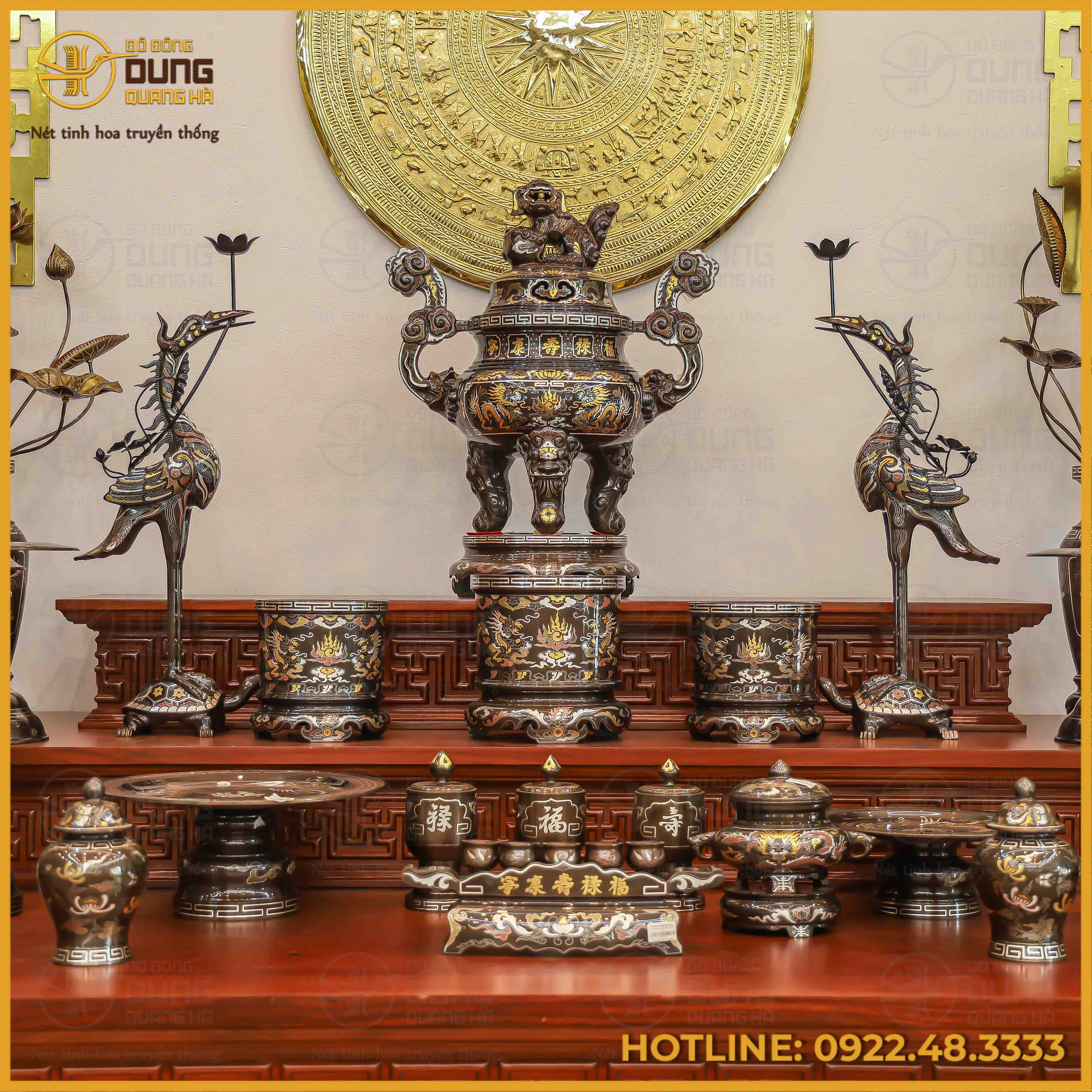 Bộ ngũ sự song long chầu nguyệt đồng đỏ khảm ngũ sắc cao 60cm