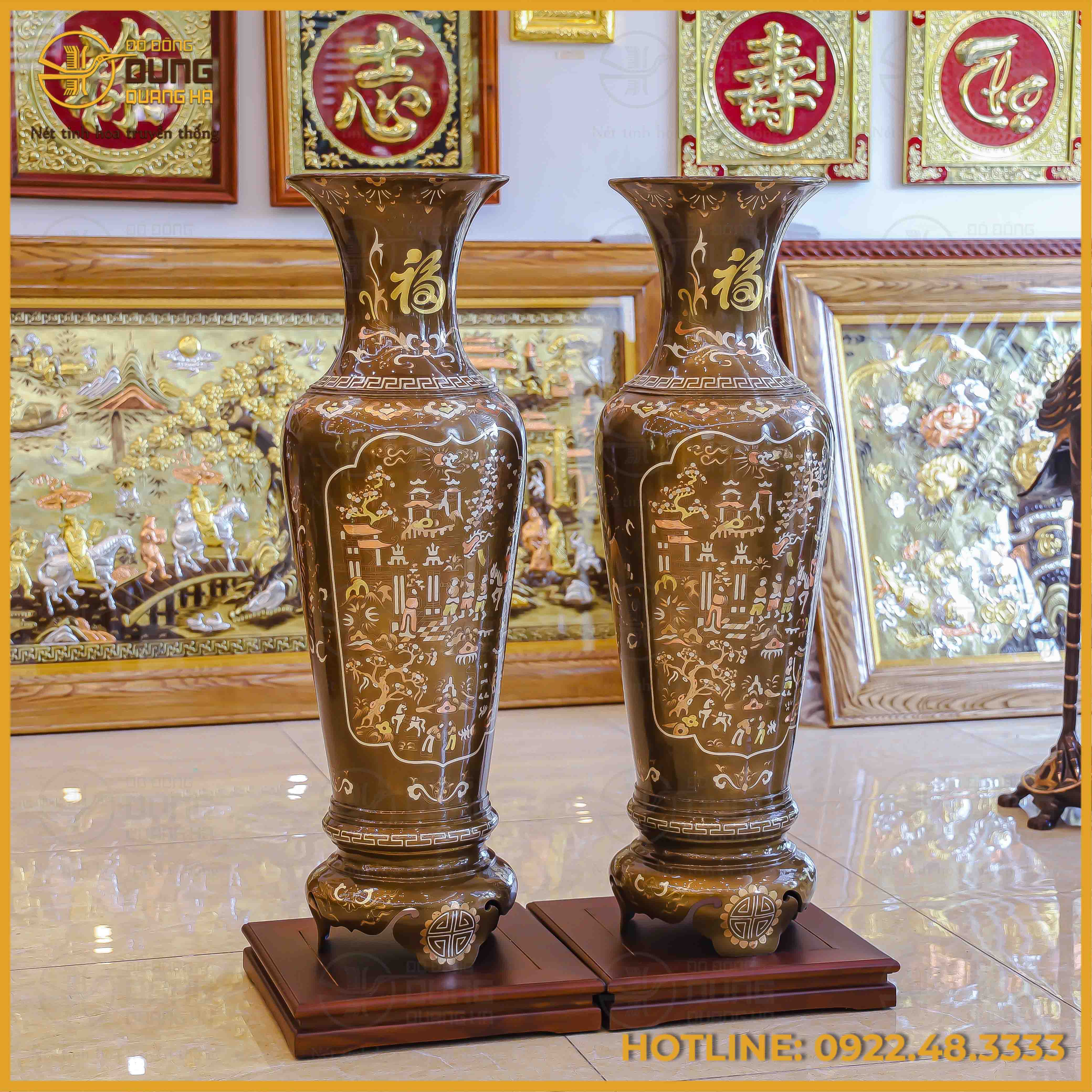 Đôi lọ lộc bình đồng đỏ khảm tam khí thường cao 1m2